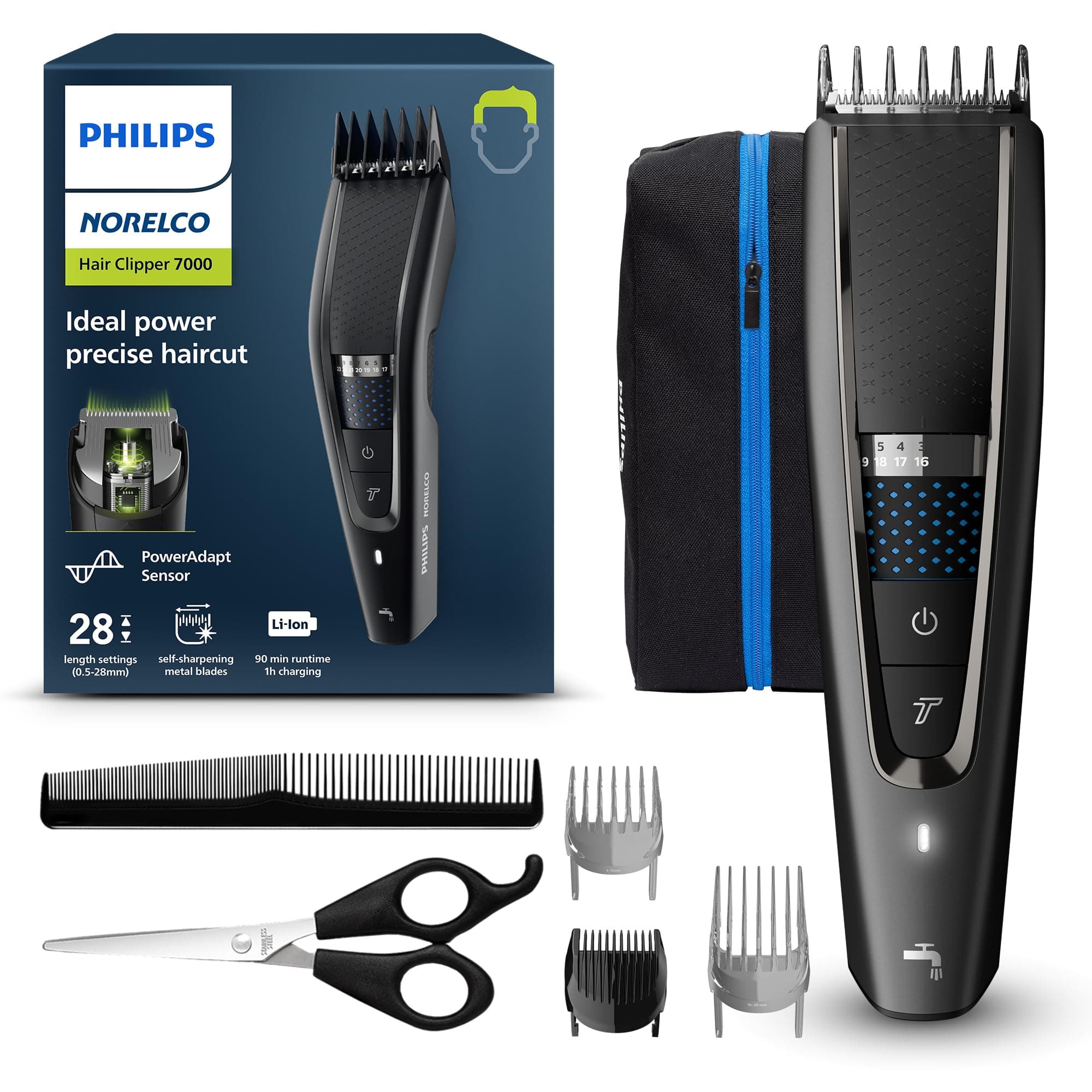 NorelcoPhilips Hair Clipper 7000 Series, Hair and Beard Trimmer, Precision Dial, PowerAdapt Sensor, Trim-and-Flow, DualCut, DuraPower, 28 Length Settings, 90 Min. Runtime, Model HC7650/40