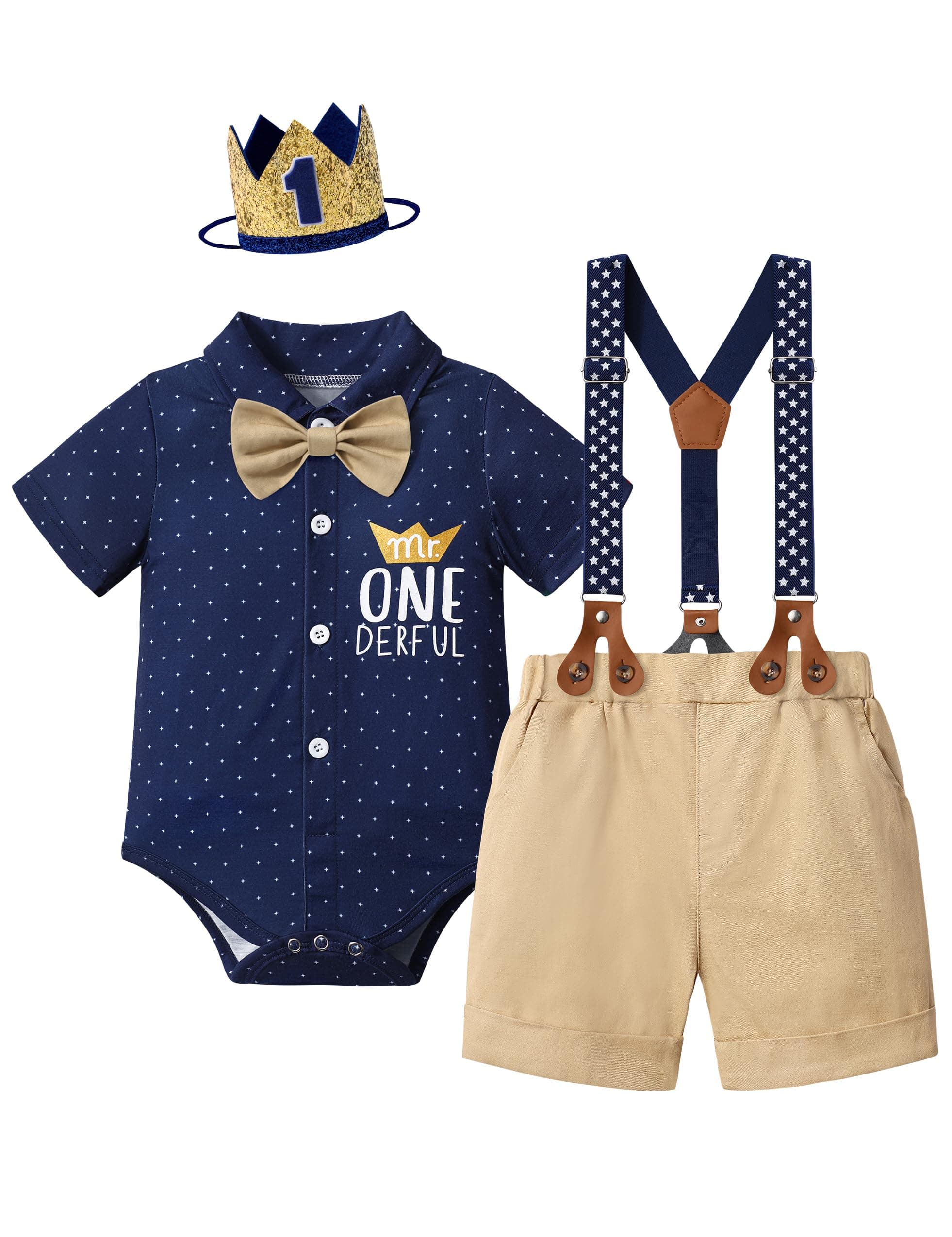 DONWEN Baby Boy First Birthday Outfit Mr Onederful Bowtie Romper + Suspender Shorts+ Party Hat Cake Smash Outfits