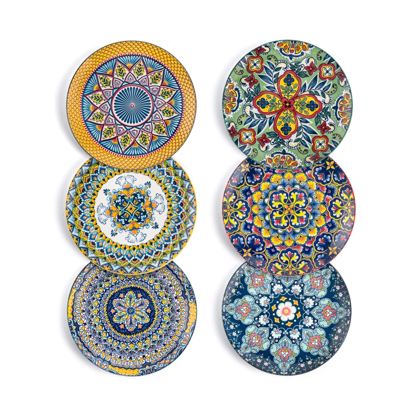 HENXFEN LEAD Salad Plate Porcelain, 21 cm Colourful Dessert Plates Ceramic Breakfast Plates, 6 Pieces Small Round Plate Set with Pattern and Colourful - Bohemian Style