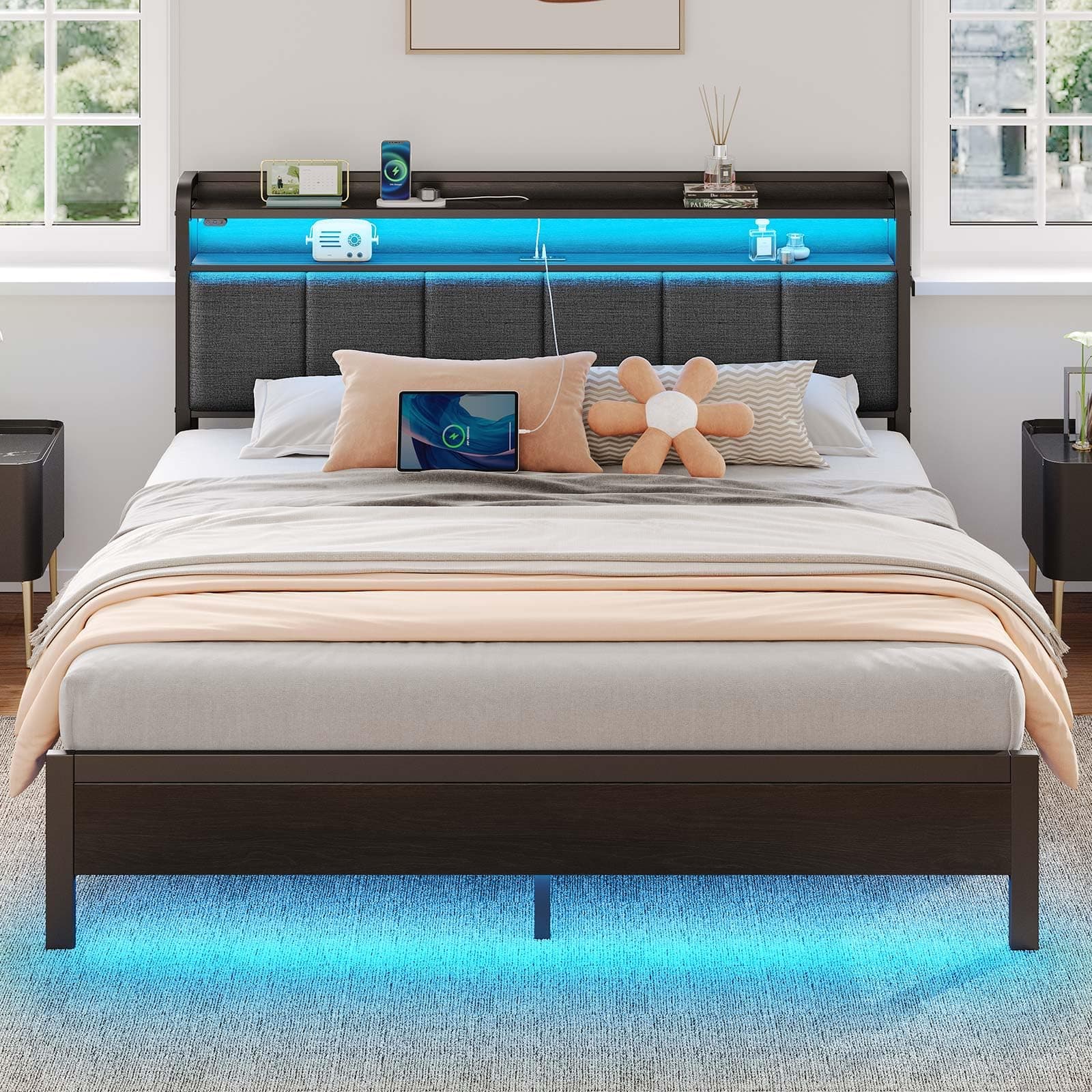 Rolanstar Bed Frame King Size with Charging Station and LED Lights, Upholstered Headboard with Storage Shelves, Heavy Duty Metal Slats, No Box Spring Need, Noise Free, Easy Assembly, Dark Grey