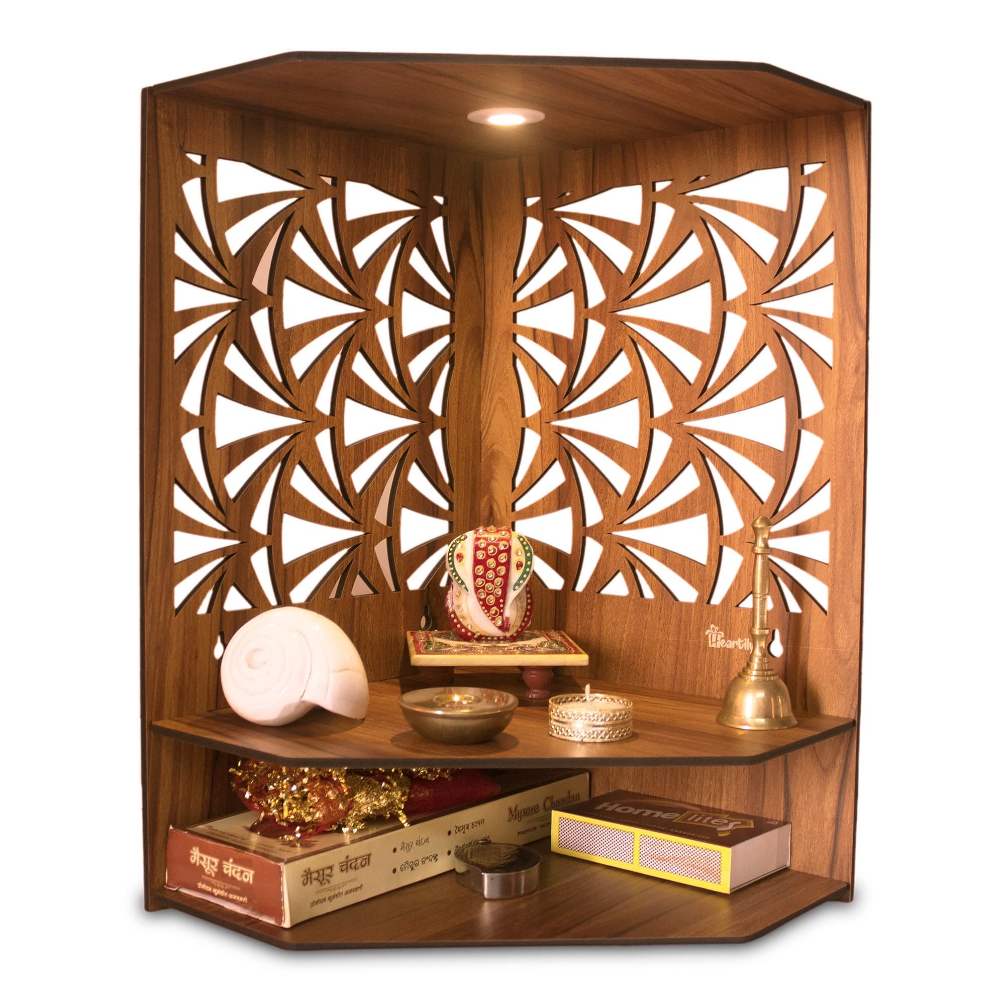 - Heartily® Pushp Beautiful Corner Wooden Pooja Stand Mandir for Home Temple for Office Puja Mandir for Home Wall with LED Spot Light Product (H- 17, L- 10, W-15 Inch)