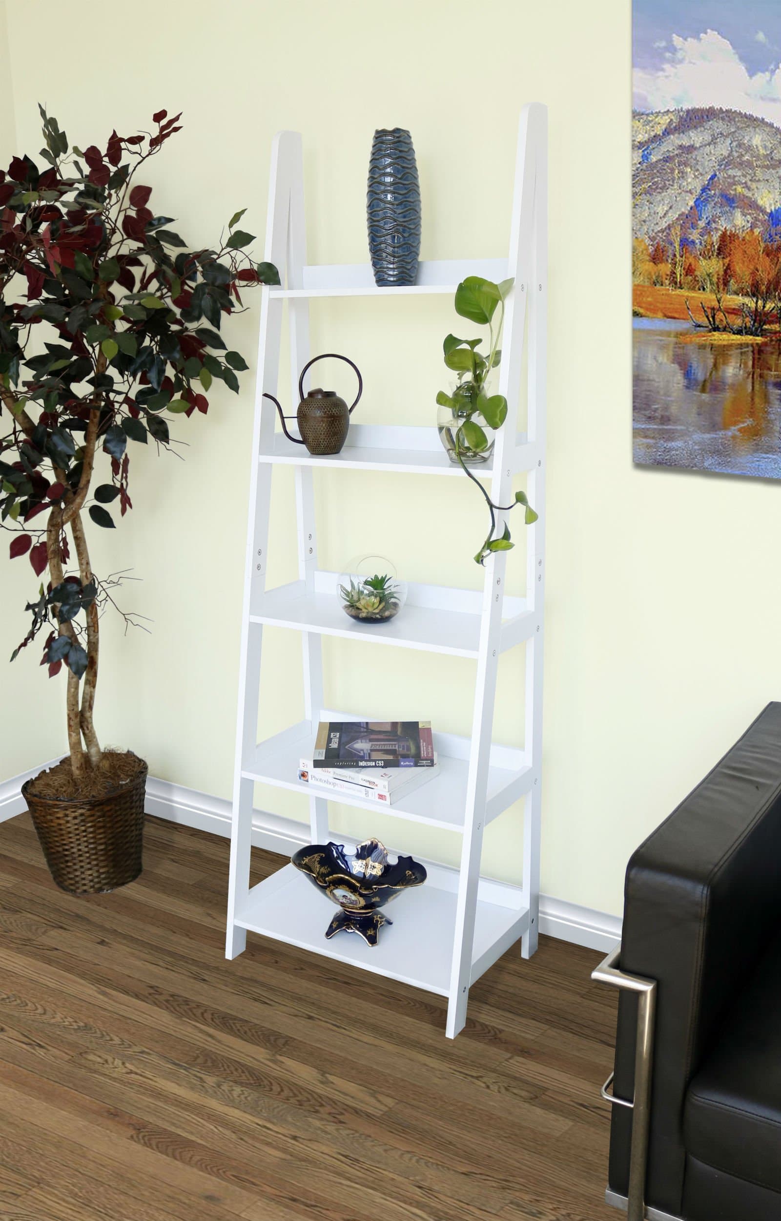 Innovex Geneva 5 tier ladder leaning bookcase, multifunctional wood storage display wall shelve, white