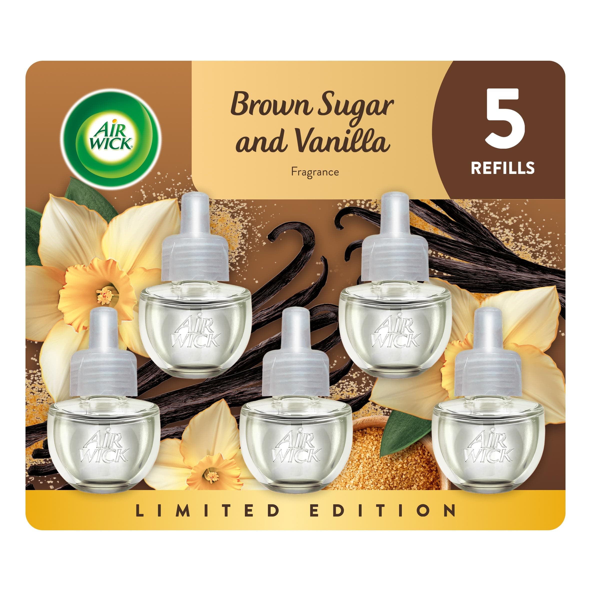 Air Wick Plug in Scented Oil 5 Refills, Brown Sugar and Vanilla, Fall scent, Fall spray, 0.67 Fl Oz (Pack of 5), Essential Oils, Air Freshener