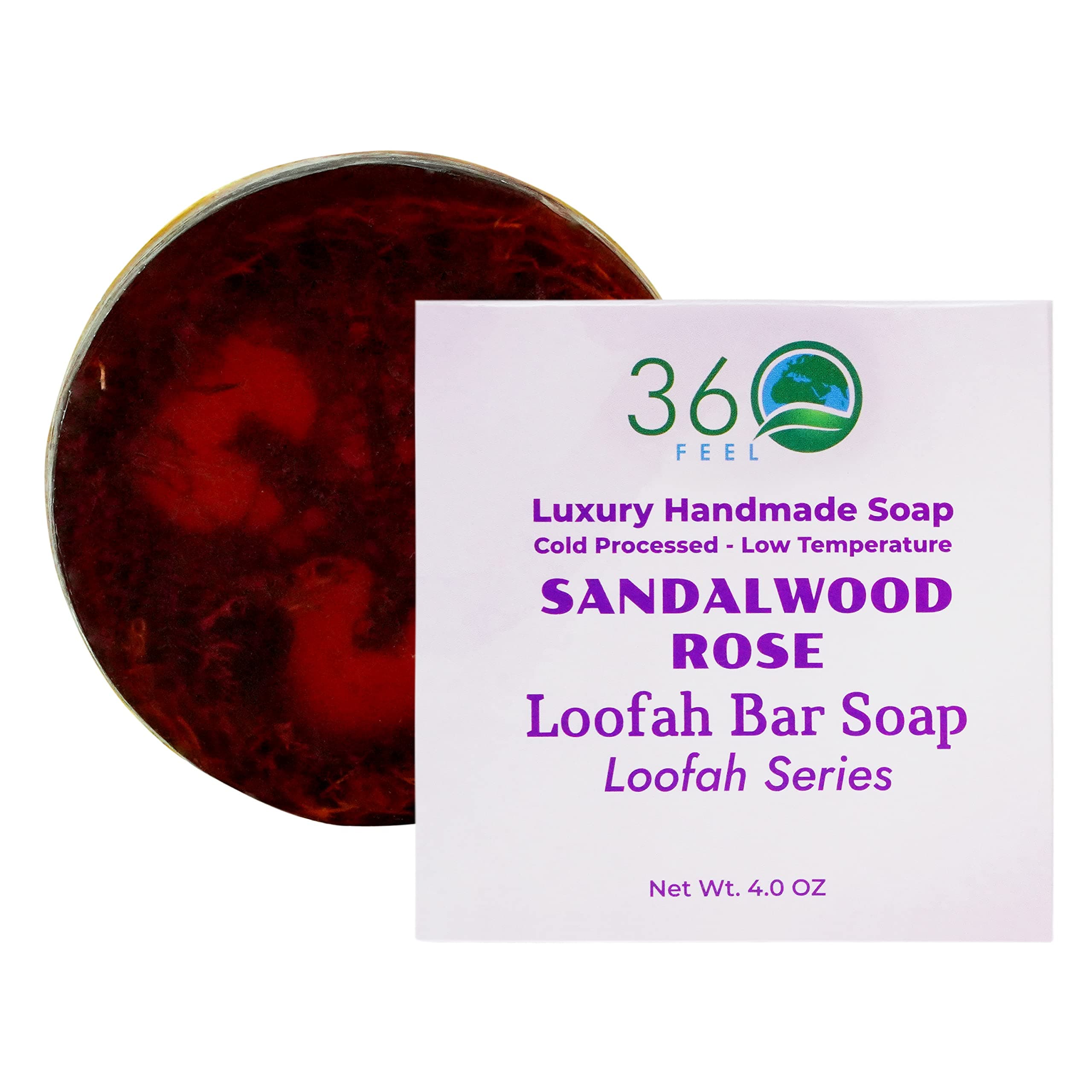 360Feel Sandalwood Rose Loofah Bar Soap - Luxury Handmade Soap, Vegan & Cruelty-Free - Cleanse, Exfoliate & Nourish - Pamper Yourself or Gift to Loved Ones!