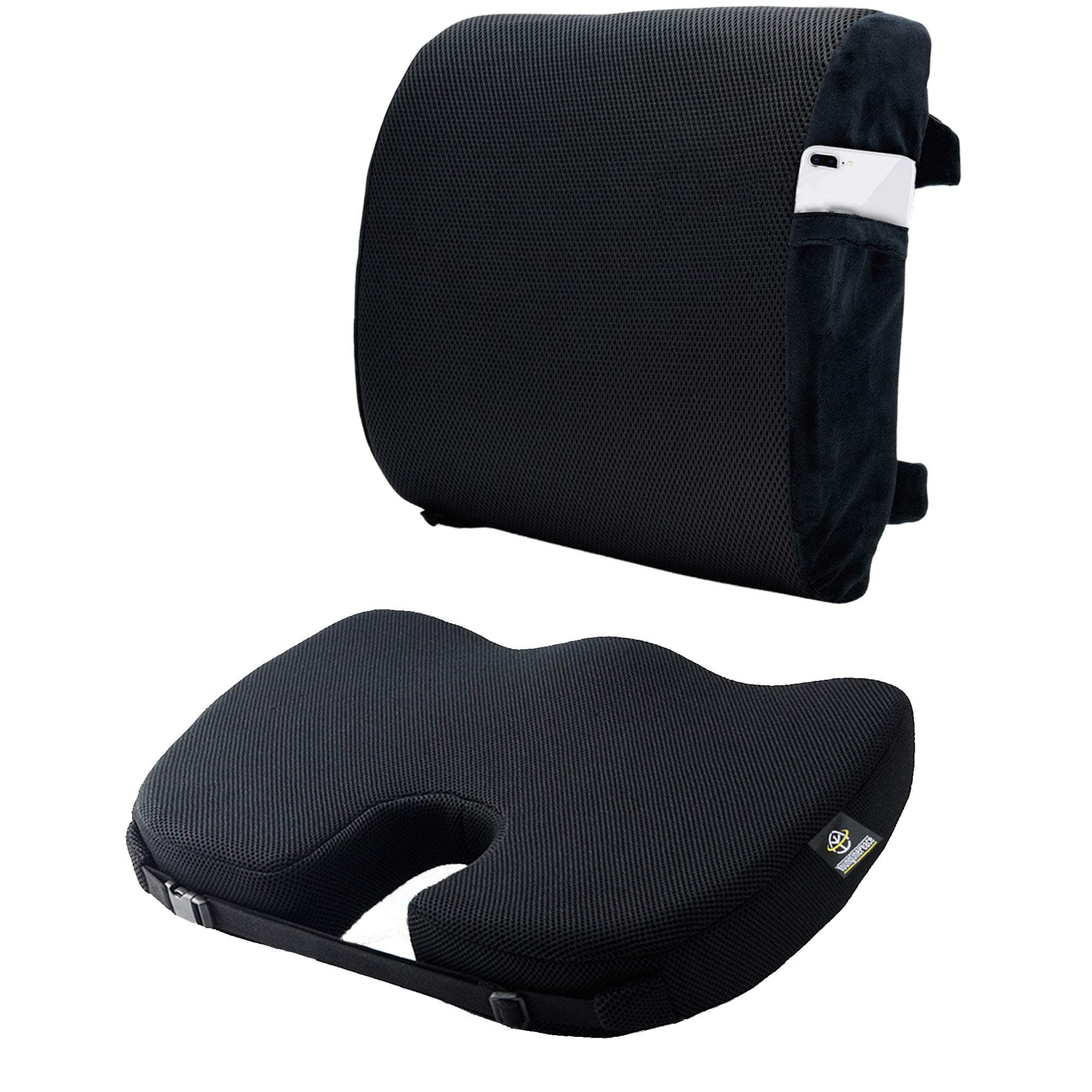Black Seat Cushion Set For Car Office Airplane Chair - Coccyx Orthopedic Memory Foam and Back Pillow for Lower Back Pain - Tailbone Sciatica Pain Relief, Lumbar Support, Improves Posture
