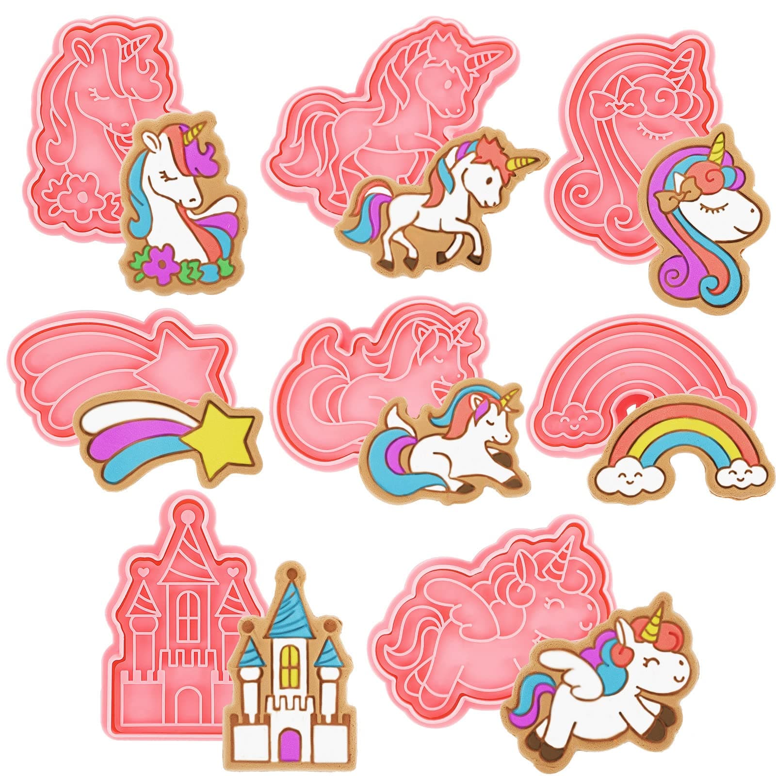 Suclain 8 Pcs Unicorn Cookie Cutters with Plunger Stamps Set Rainbow Cookie Cutters Unicorn Cracker Mold Pink Cookie Stamped Embossed Kitchen Bakeware Tool for Biscuit Fondant Party Supply