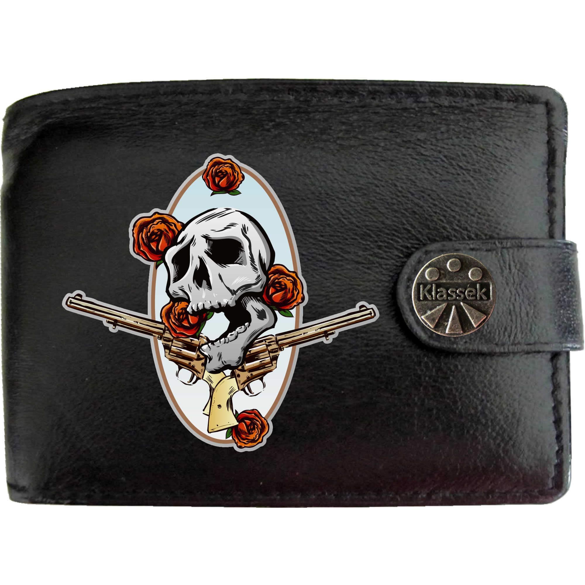 Skull Guns and Roses American Western Cowboy Mens Wallet Real Black Leather RFID Blocking with Coin Pocket and Metal Gift Box