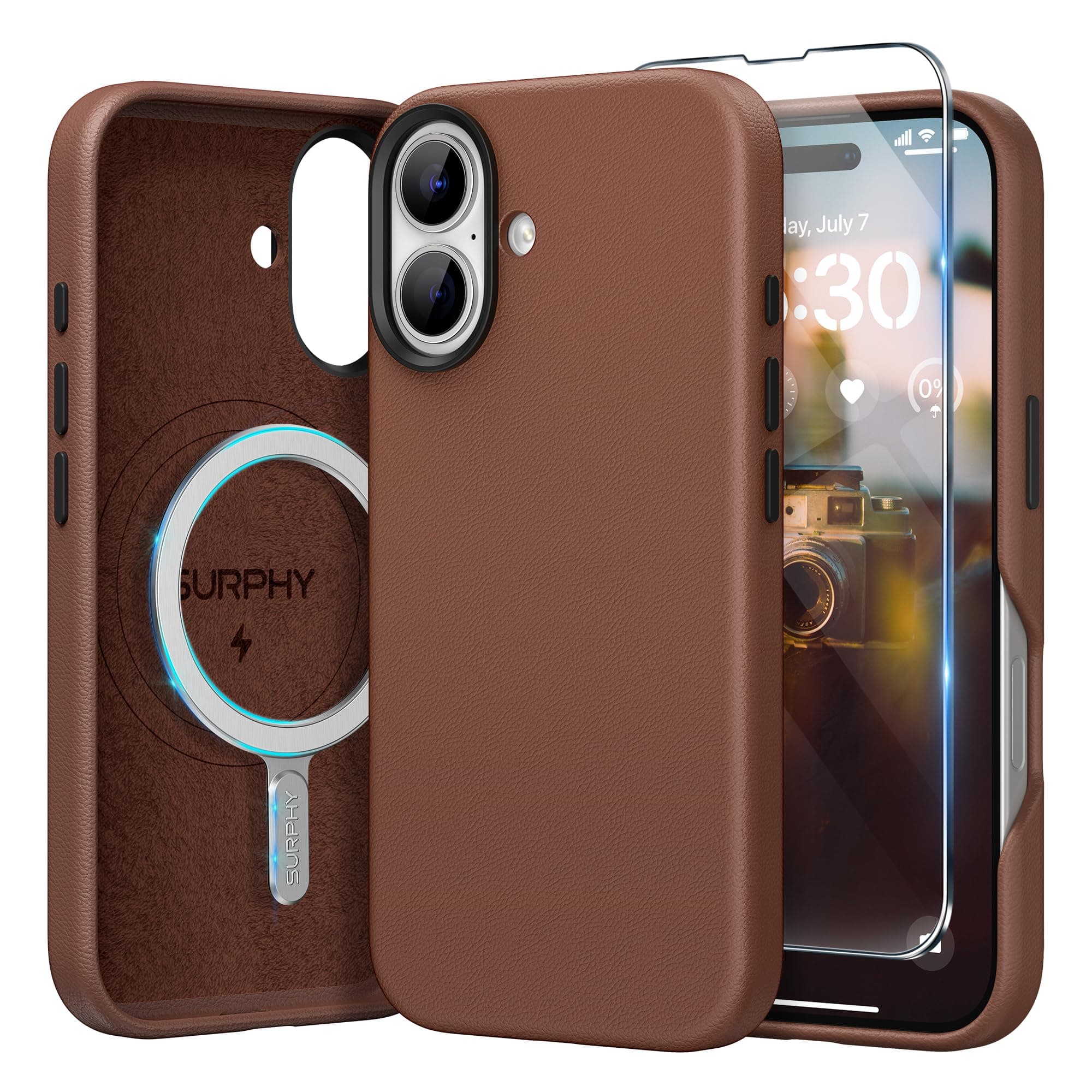 SURPHY Leather Case for iPhone 16 Plus Case with Screen Protector Compatible with MagSafe, Faux Leather Phone Case (Metallic Buttons, Microfiber Lining) for 16 Plus 6.7 inch 2024, Brown