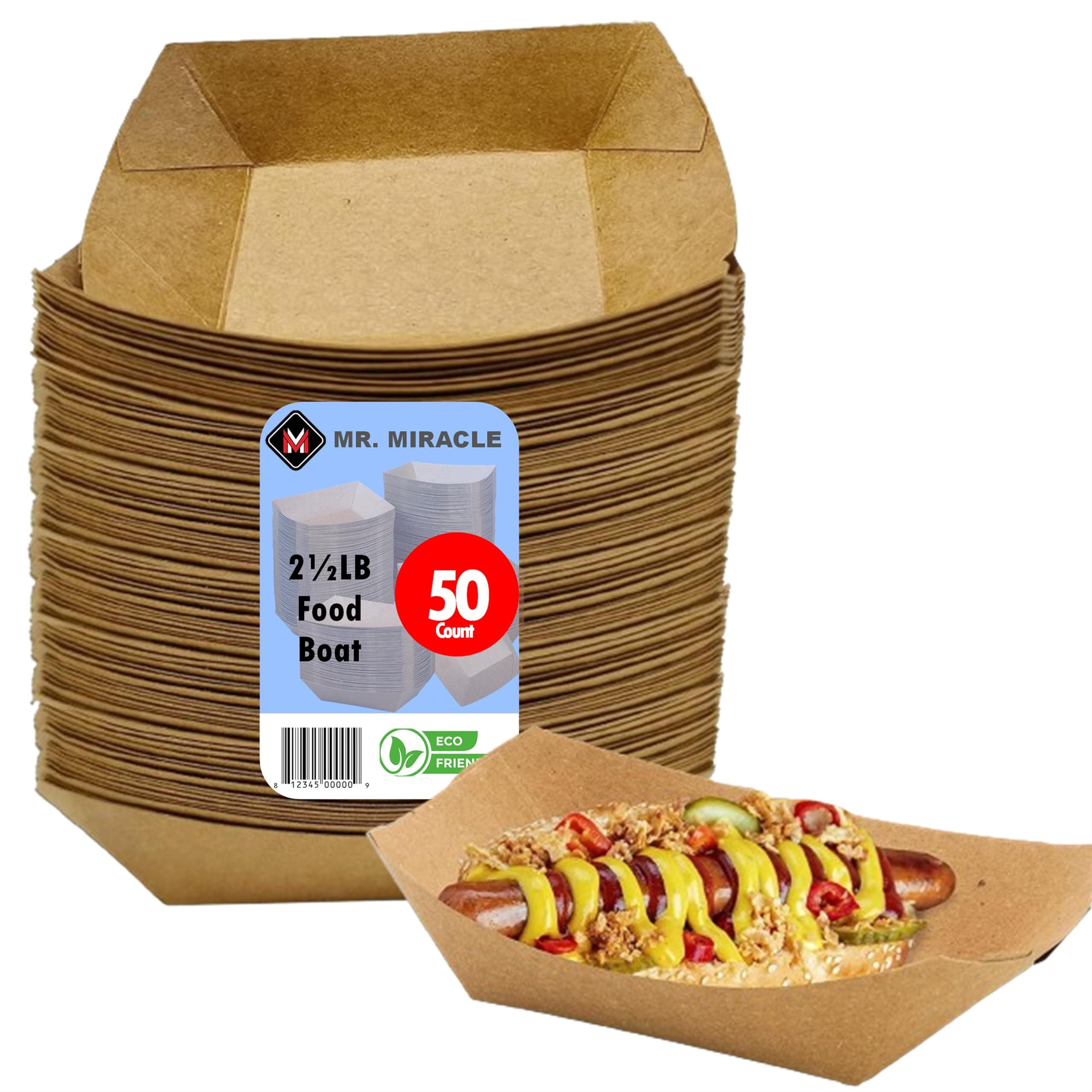 Mr Miracle Paper Food Trays, Kraft Paper. Medium (2.5LB). 50 Pack, Disposable, Recyclable Serving Boats.For Condiments, Snacks & Concession Food, Grease Ressistant