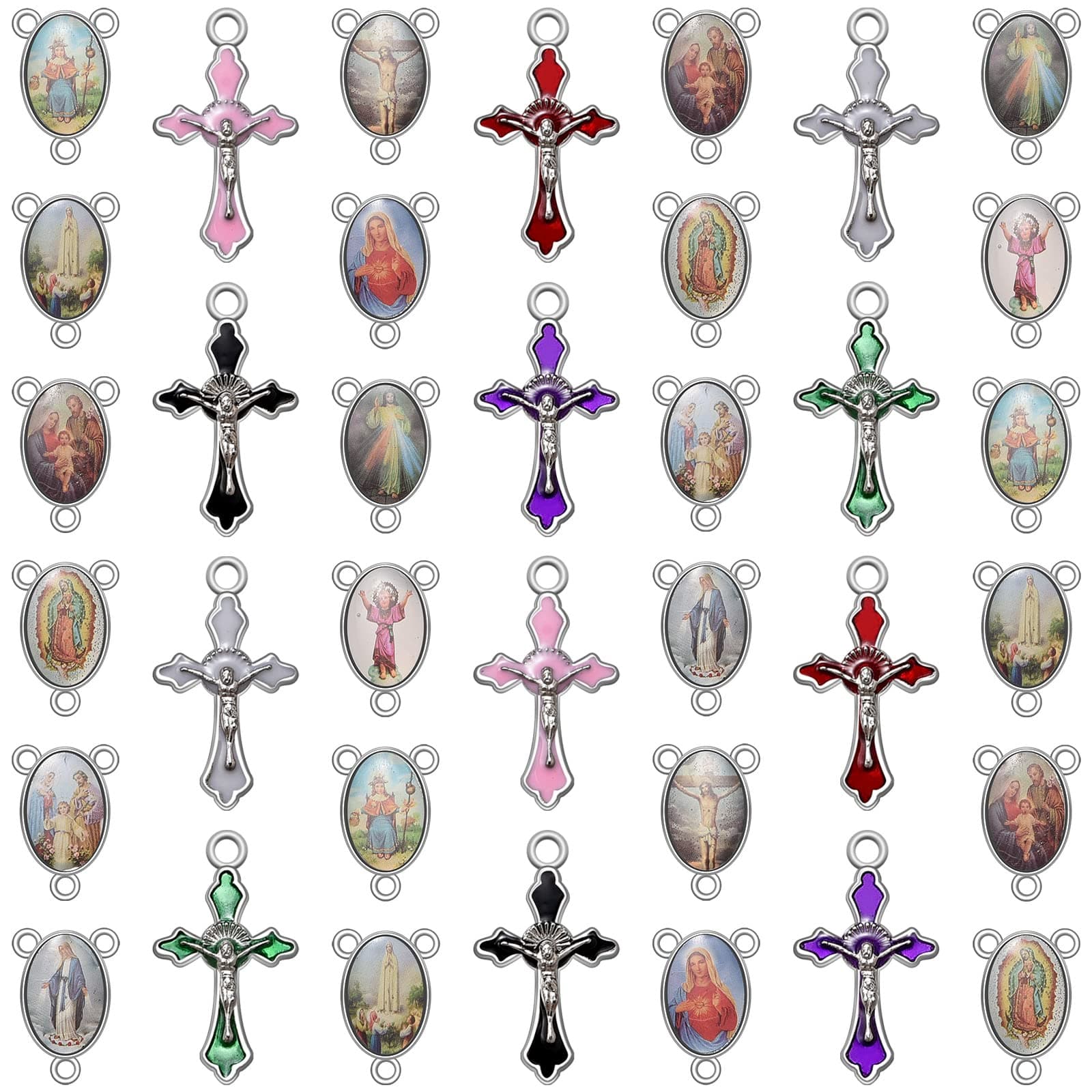 60Pcs/30Set Rosary Making Kits Supplies Religion Cross and Center Medal Charms Alloy Picture Jesus Enamel Pendant for Diy Prayer Necklace Jewelry