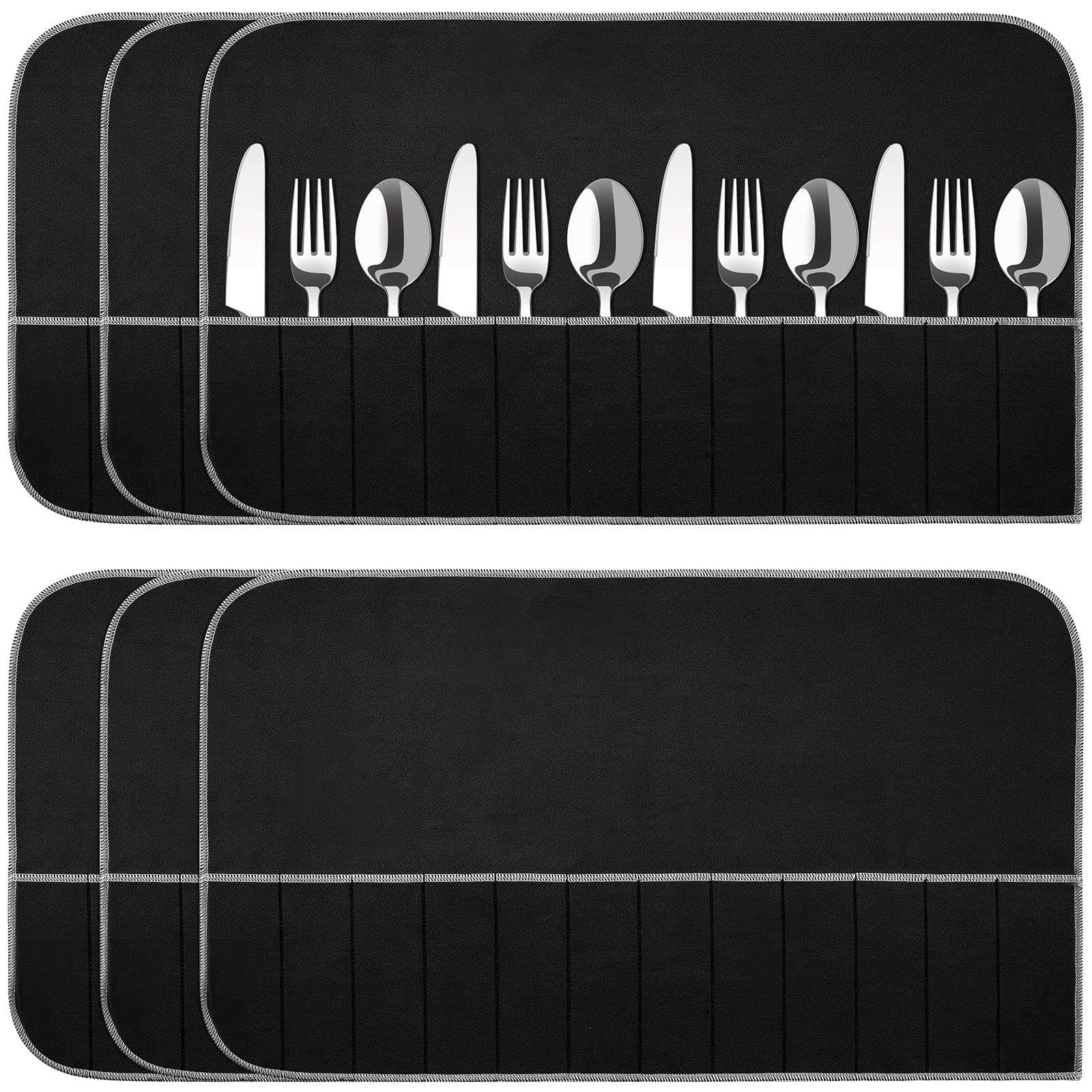 6 Pcs Anti Tarnish Silver Storage Bags Silver Storage Cloth Felt Flatware Organizer Anti Tarnish Protector Bags Place Setting Roll with White Ribbon for Kitchen Cutlery (12 Slots,Black)