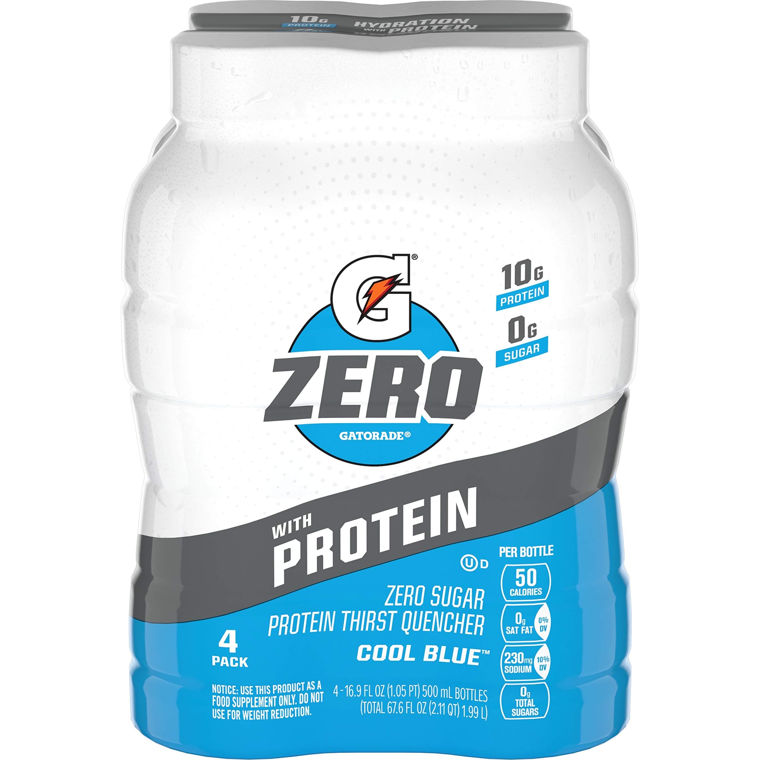 Gatorade Zero With Protein, 10g Whey Protein Isolate, Zero Sugar, Electrolytes, Cool Blue, 16.9 Fl Oz, 4 Pack