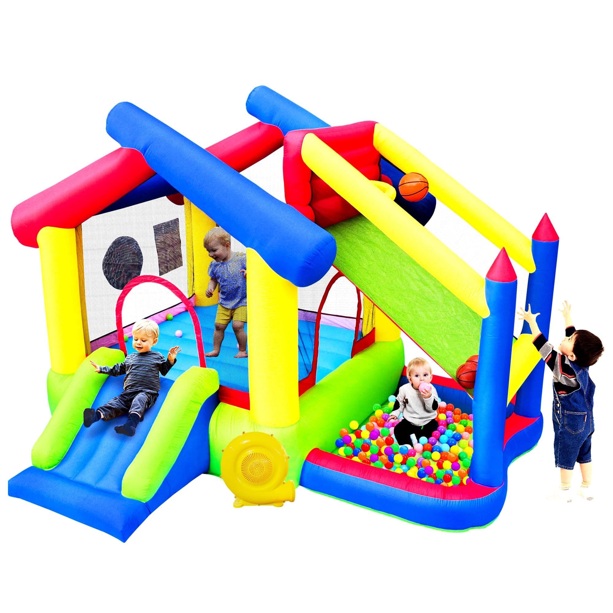 Inflatable Bounce House with Slide, Jumping Castle with Blower and Ball Pool, Basketball Game, Dart Target Game