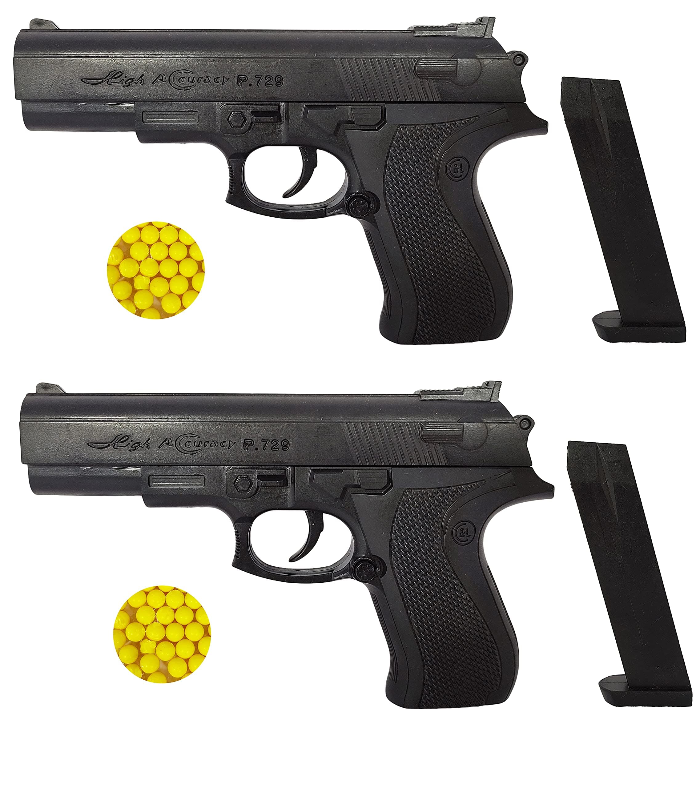 Humaira Pistol 729 Plastic Toy Gun, Black with 8 Round Reload and 6 mm Plastic BB Bullets for Kids Boys (Pack of 2)