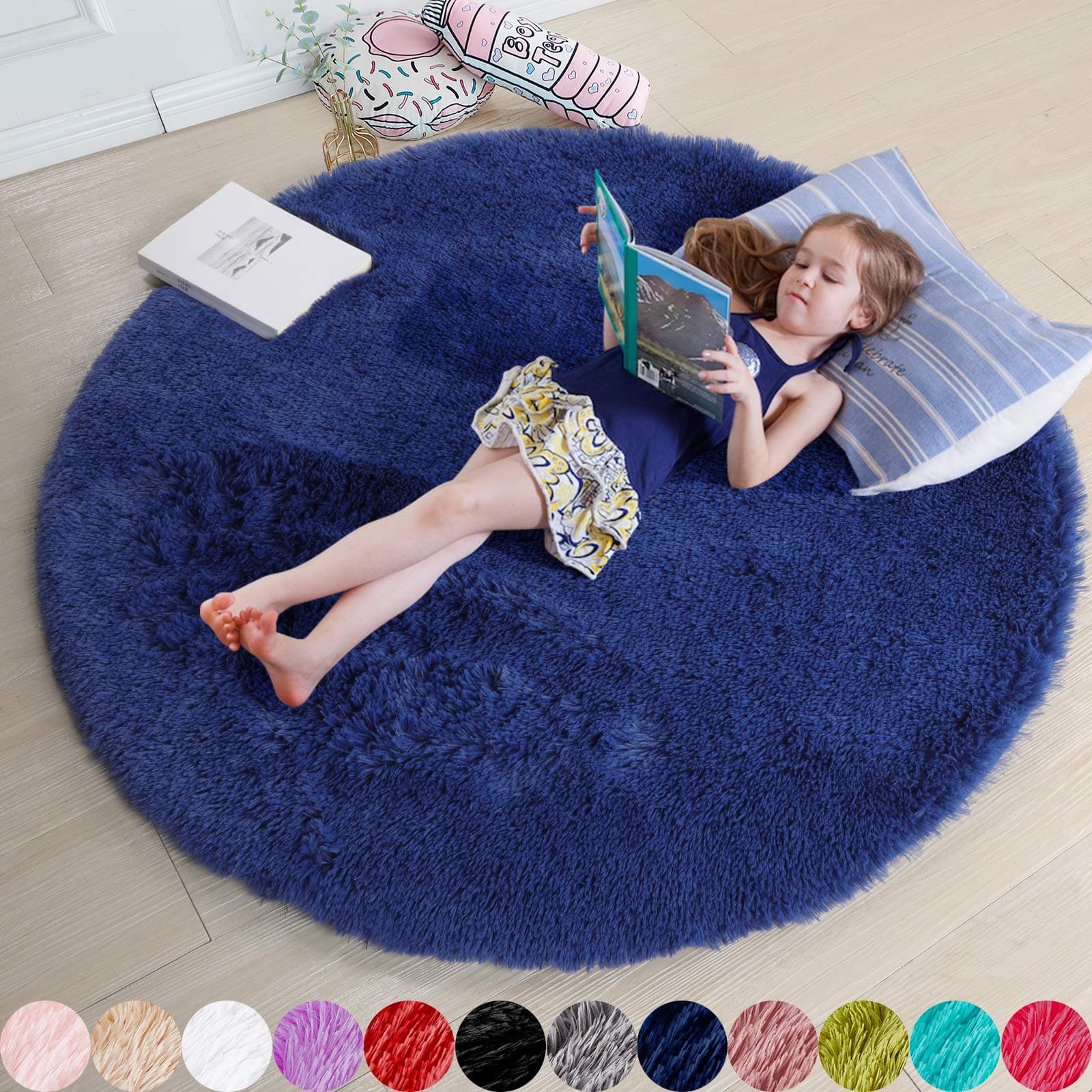 Navy Blue Round Rug 6Ft for Boys Bedroom, Large Fluffy Fuzzy Circle Area Rugs for Kids Playroom, Living Room Decor Aesthetic, Cute Shaggy Plush Floor Royal Dark Blue Carpet for Dorm Teen Baby Nursery