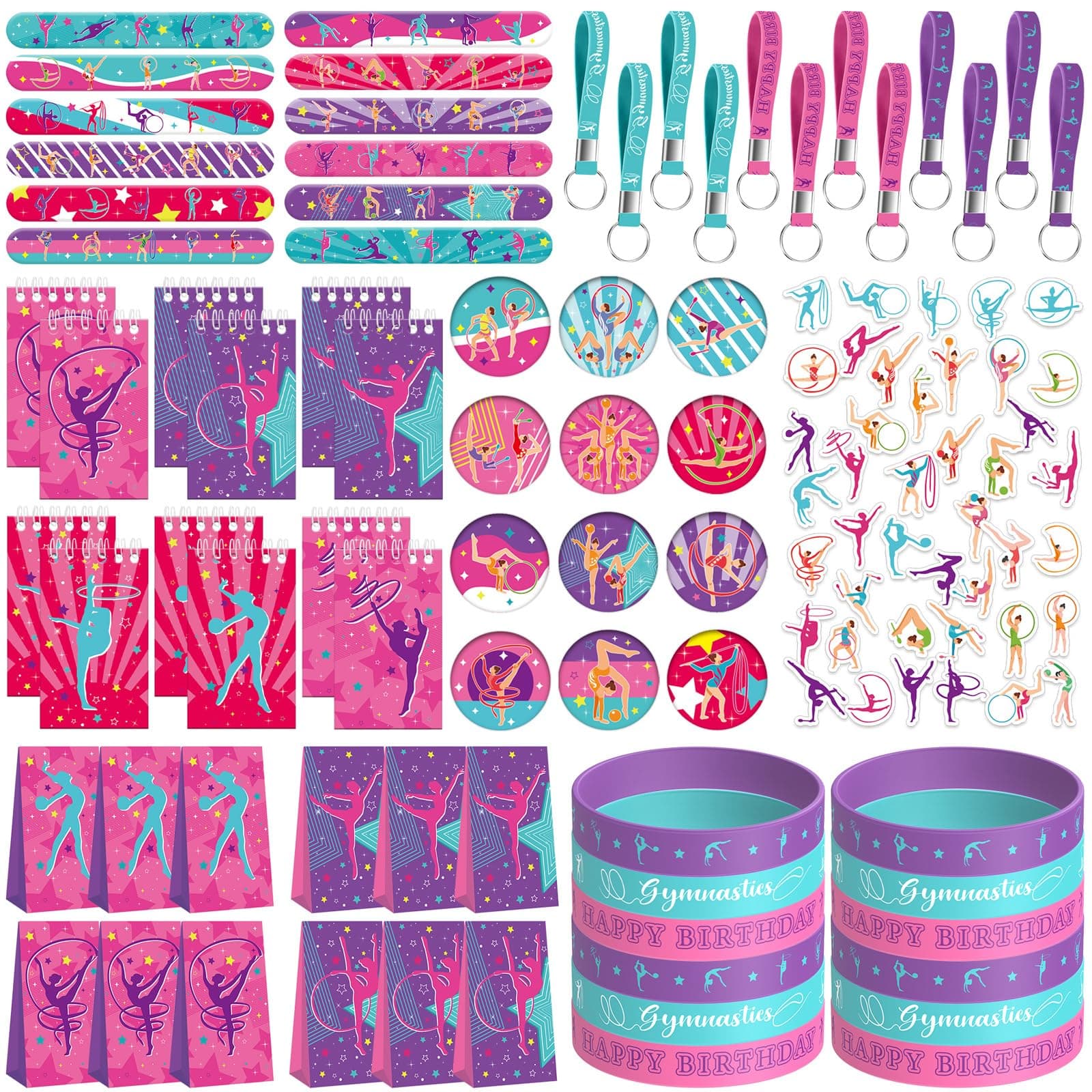 Gymnastics Party Favors, Gymnastics Birthday Party Decorations Supplies for Your Little Dance Gymnasts, Including Notebook, Gift Bags, Slap Bracelets, Rubber Bracelets, Stickers, Keychain, Button Pin