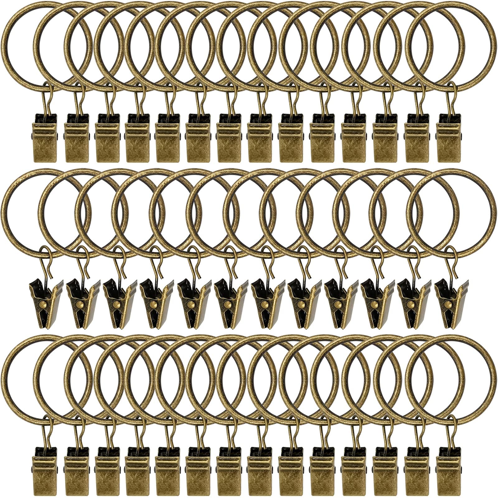 AMZSEVEN 40 Pack Curtain Rings with Clips, Drapery Clips with Rings, Drapes Rings 1.26 in Interior Diameter, Fits up to 1 in Curtain Rod, Bronze
