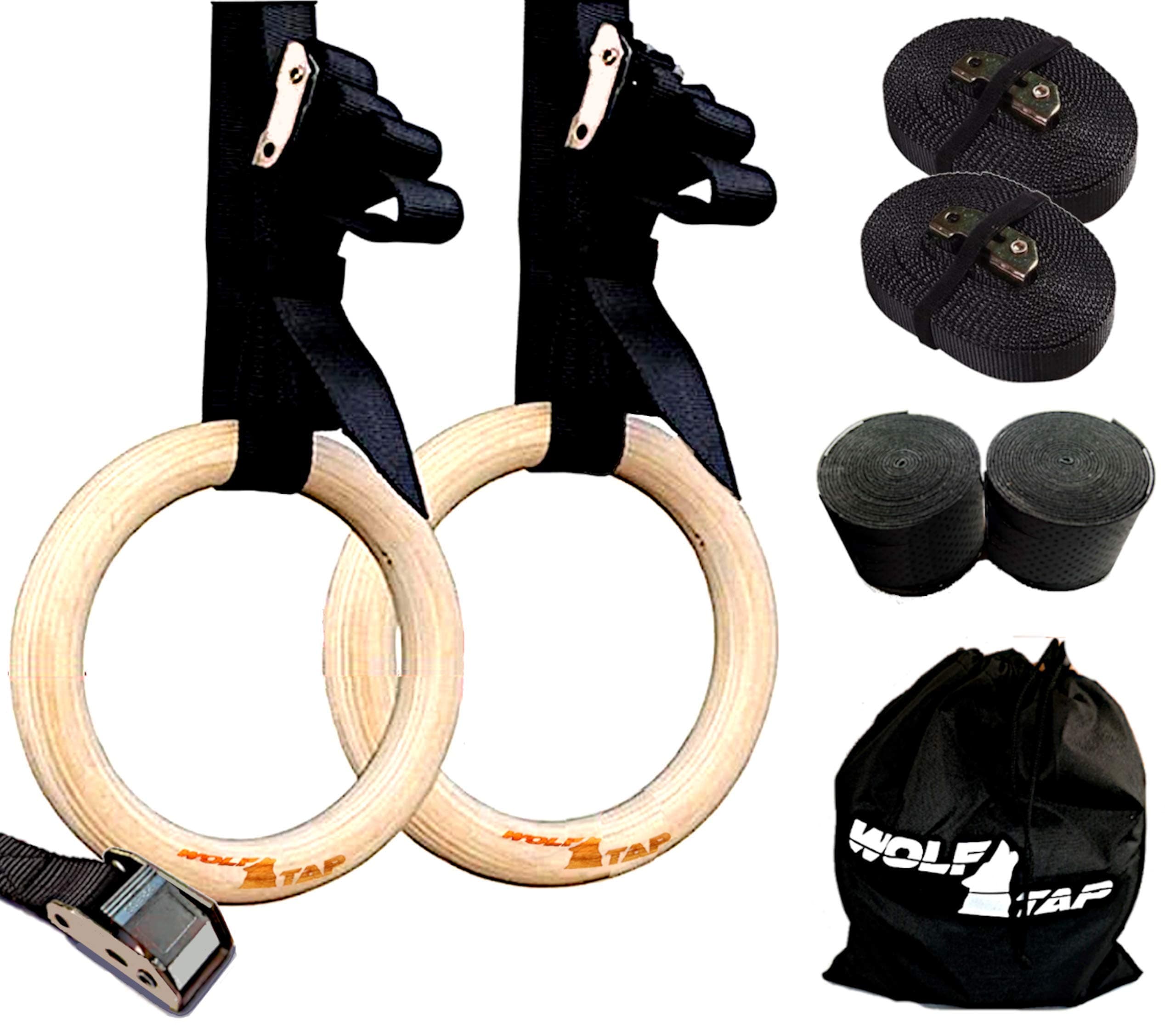Wolf Tap: Wooden Gymnastics Rings Set for Home Workout & Crossfit Training. Complete Wood Gym Rings Set with Adjustable Suspension Straps + Adhesive Hand Grip Tape + Gym Carry Bag. 32 mm 1.25 Inch