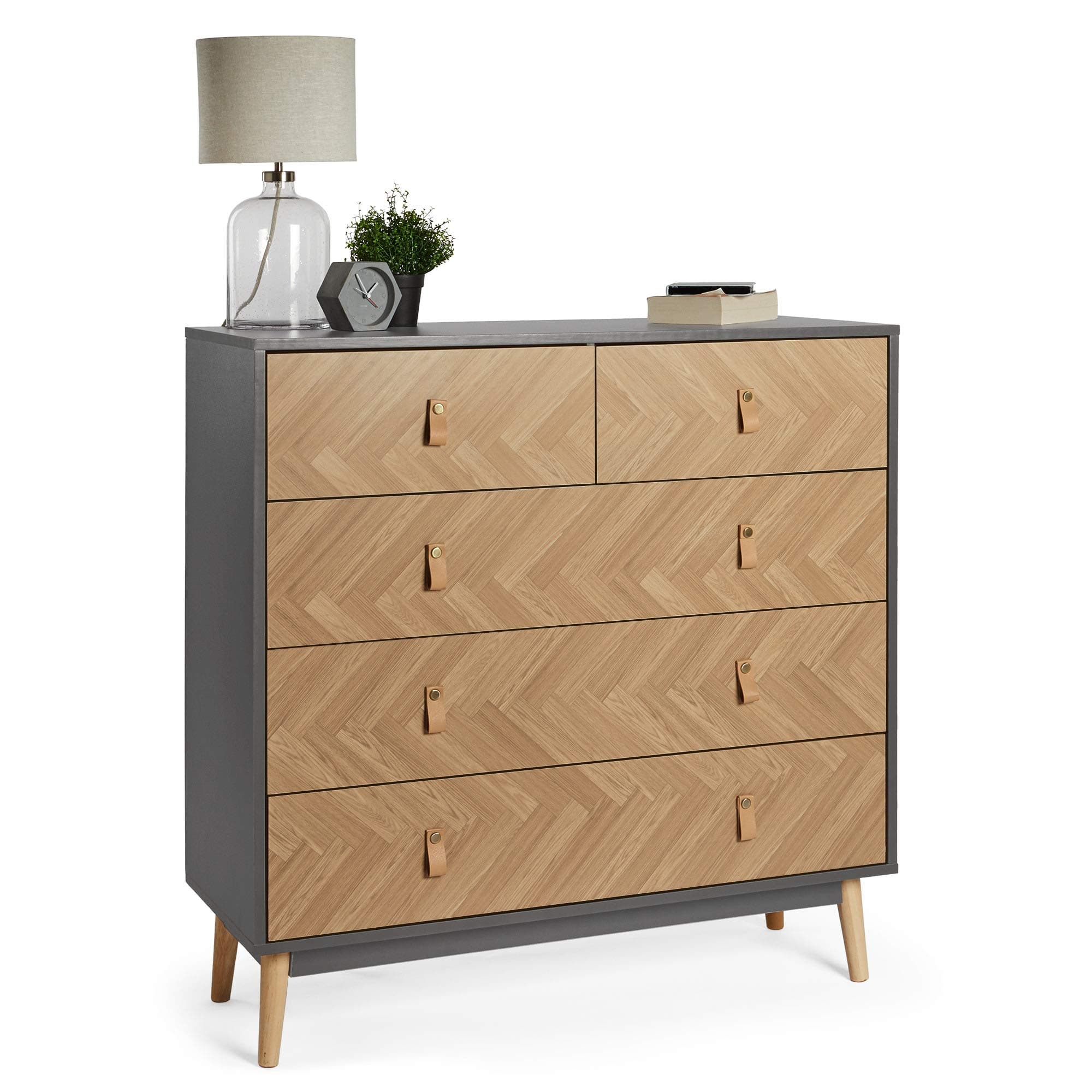VonHaus Herringbone Chest of Drawers - Grey & Wood Effect 5 Drawer Dresser - Scandi Nordic Style Bedroom Drawers - Modern Clothes Storage Cabinet for Bedroom w/Tapered Legs & Faux Leather Tab Handles