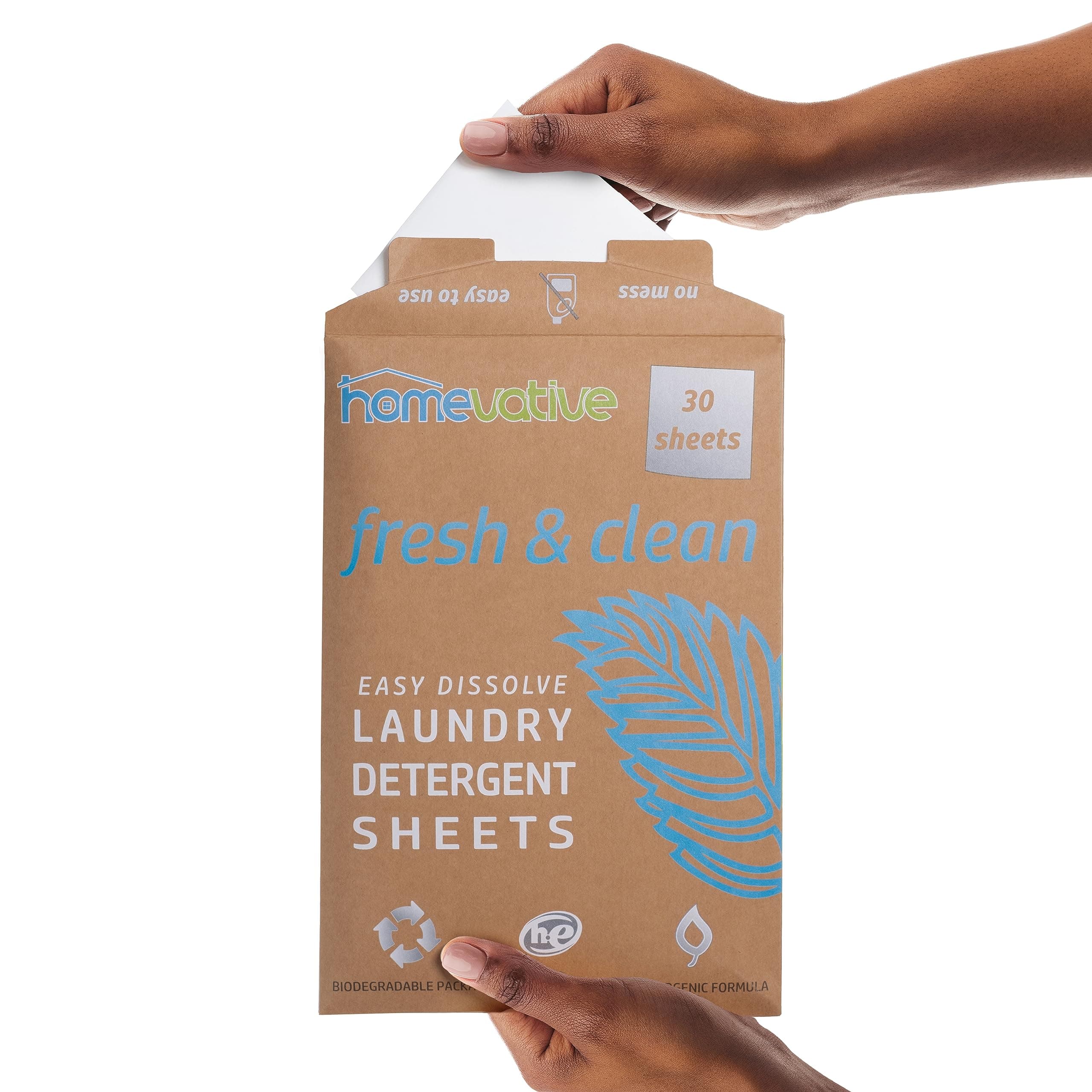 Homevative Laundry Detergent Sheets, 30 Sheets, Up to 60 Loads, Easy Dissolve, Fresh & Clean, Eco package, HE Compatible, Septic friendly, Great for travel, college, laundromat and at home