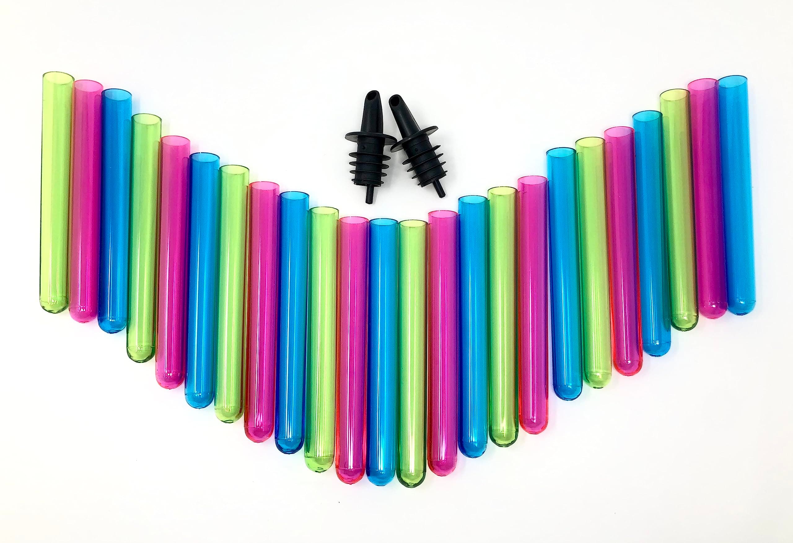 24 Neon Test Tube Shot Glasses - with 2 BONUS Liquor Pourers for Spill Free Pours for Bachelorette Parties, Bars, Pool Parties, Man Caves, New Year's Eve, and more.