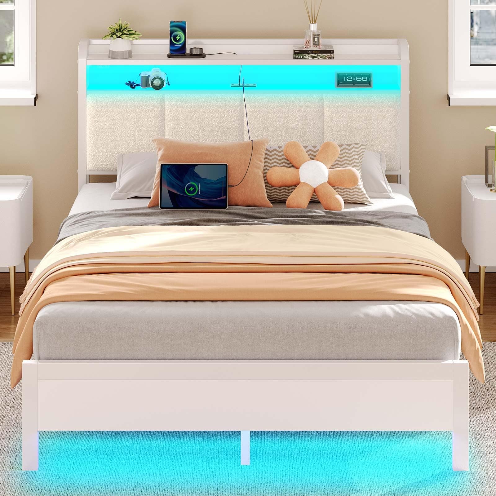 Rolanstar Bed Frame Full Size with Charging Station and LED Lights, Upholstered Headboard with Storage Shelves, Heavy Duty Metal Slats, No Box Spring Need, Noise Free, Easy Assembly, White