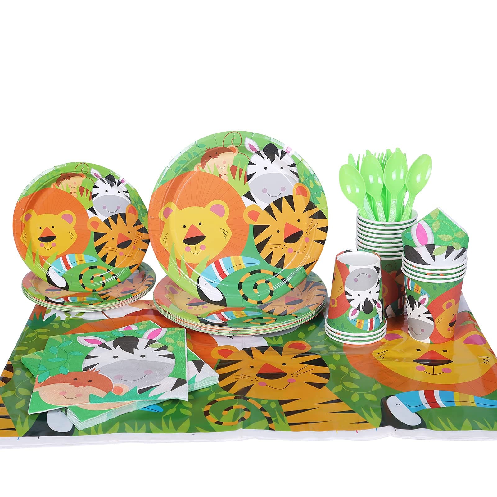 Beauenty 113Pcs Safari Animal Birthday Party Supplies Disposable Tableware Set,Includes Plates, Cups, Napkins, Spoons, Forks, Knives and Tablecloth for Boy and Girl Birthday- Serves 16(Jungle Animals)