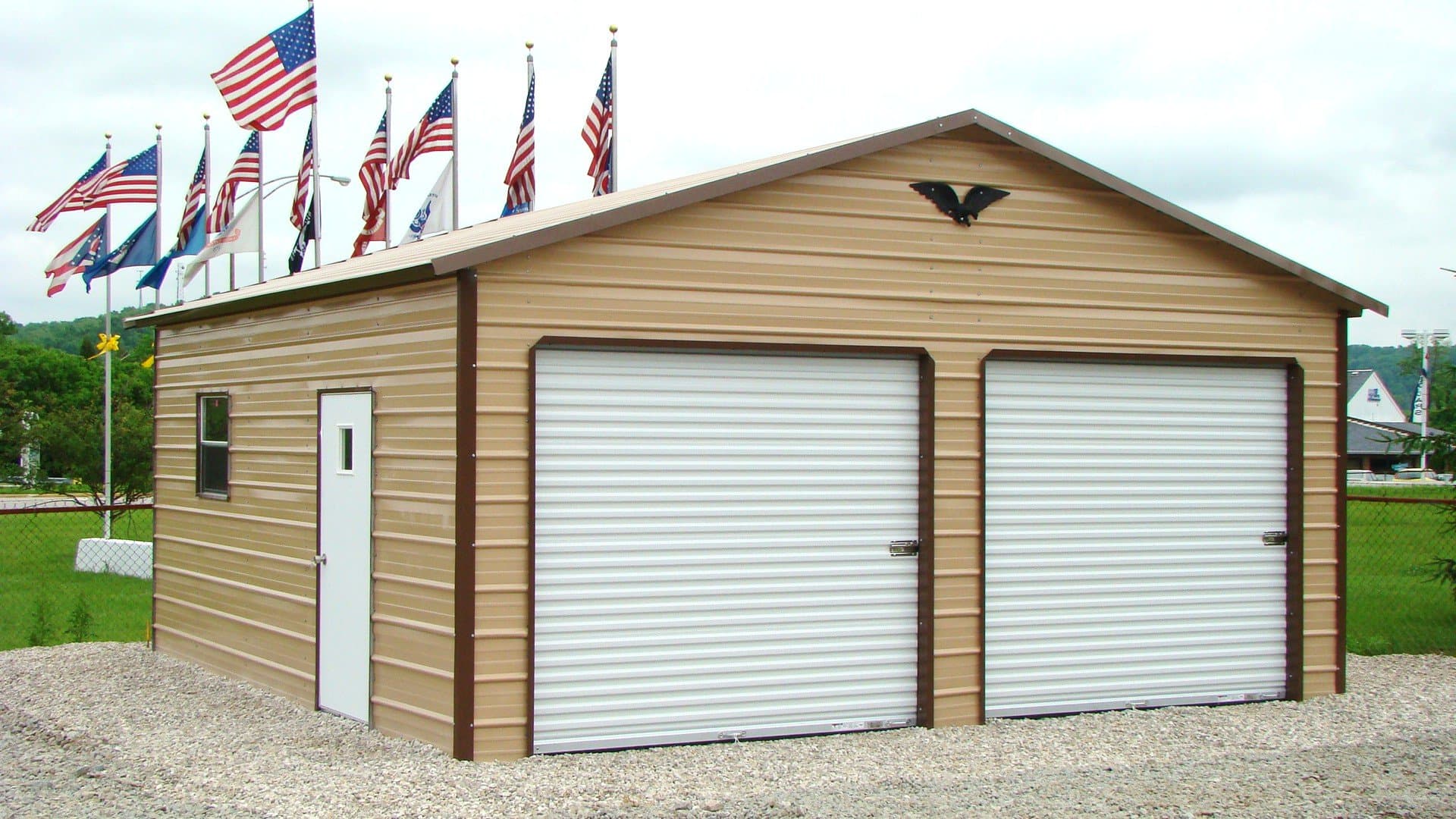 Egale Carports All Steel Boxed Eve Style Garage 24'x 26' 9' (12ft Center) Garage-Role up Door (2): 10'x 8' Walk in Door: (1) 36"x 80" Windows (2):24"x36"
