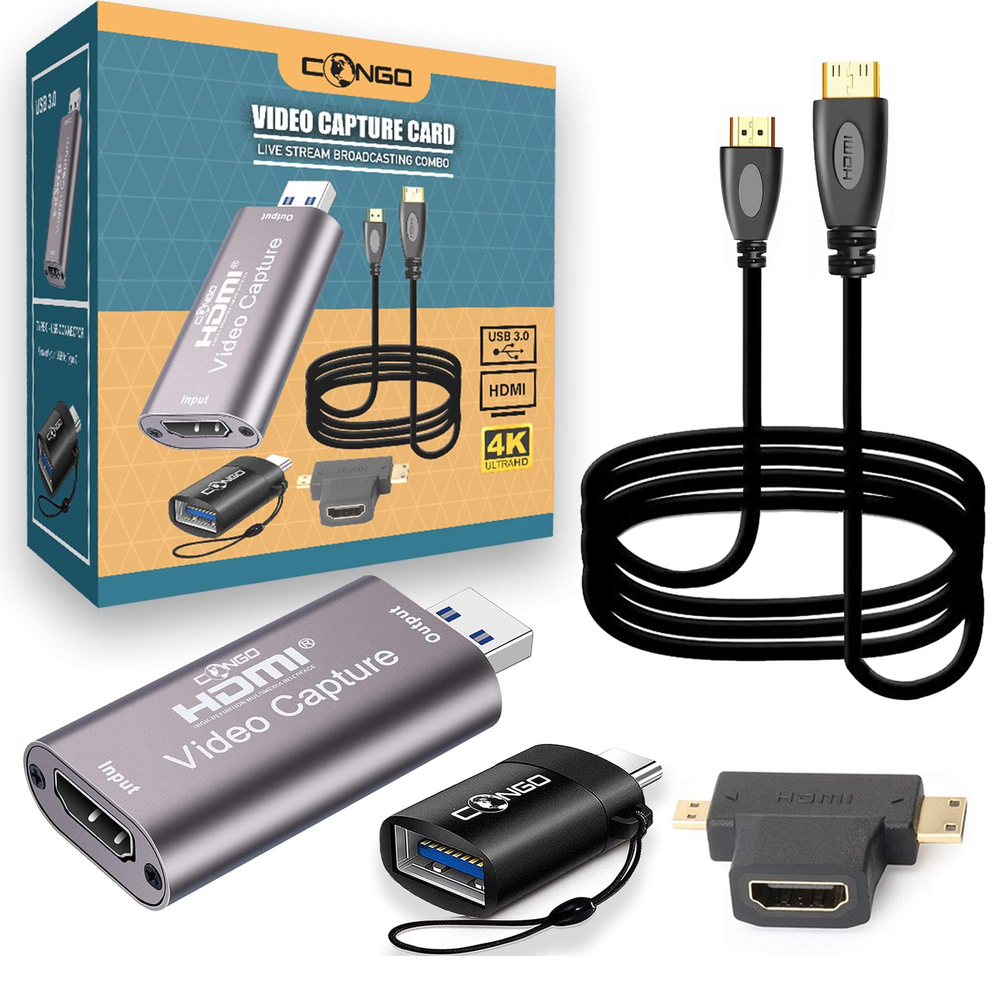 Congo HD Video Capture Card USB 3.0 for Live Streaming USB Male to Female for Screen Sharing | Broadcasting | DSLR Recording | Game Streaming | Video Capture Device Combo