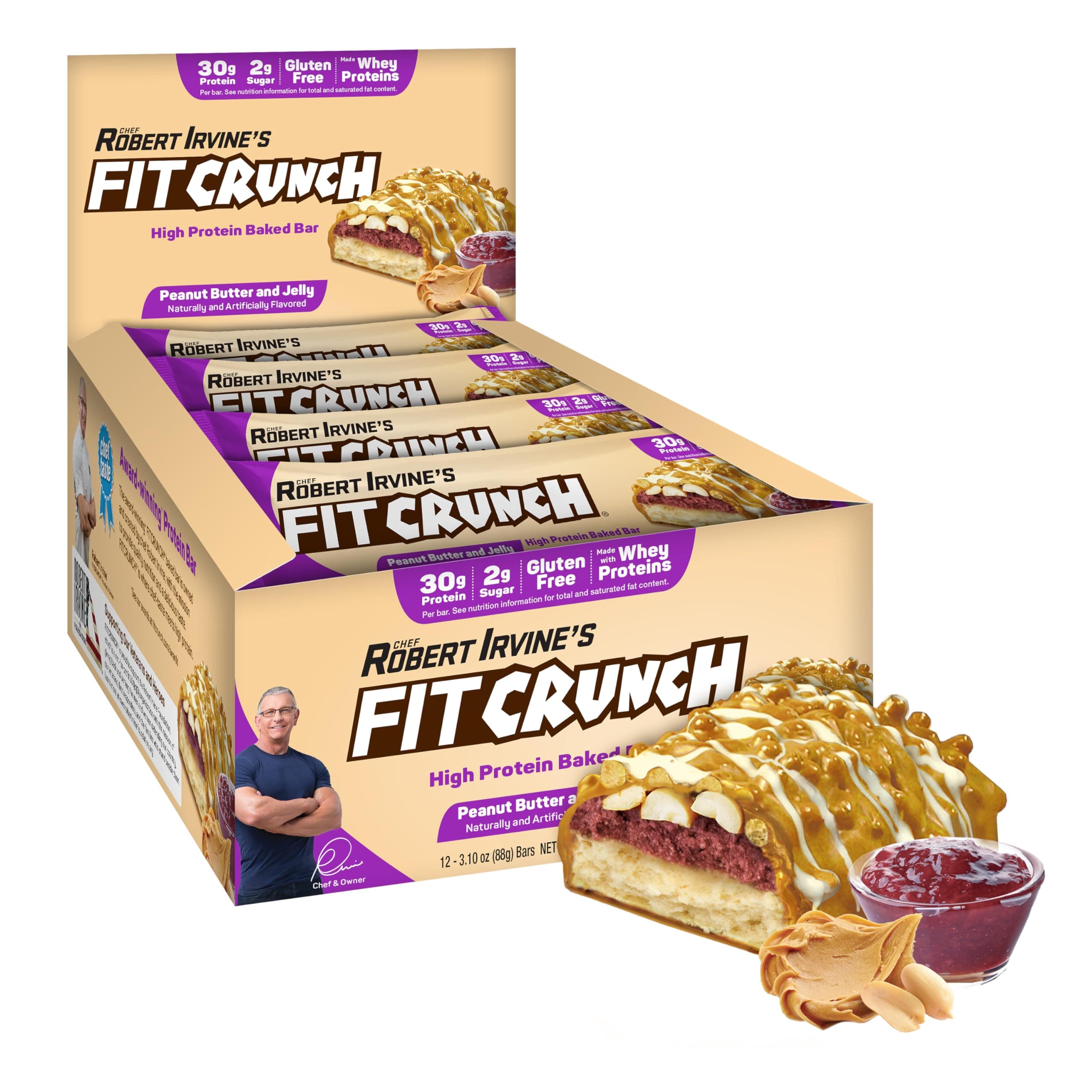FITCRUNCH Full Size Protein Bars, 6-Layer Baked Bar, 2g of Sugar, Gluten Free & Soft Cake Core (12 Bars, Peanut Butter and Jelly)