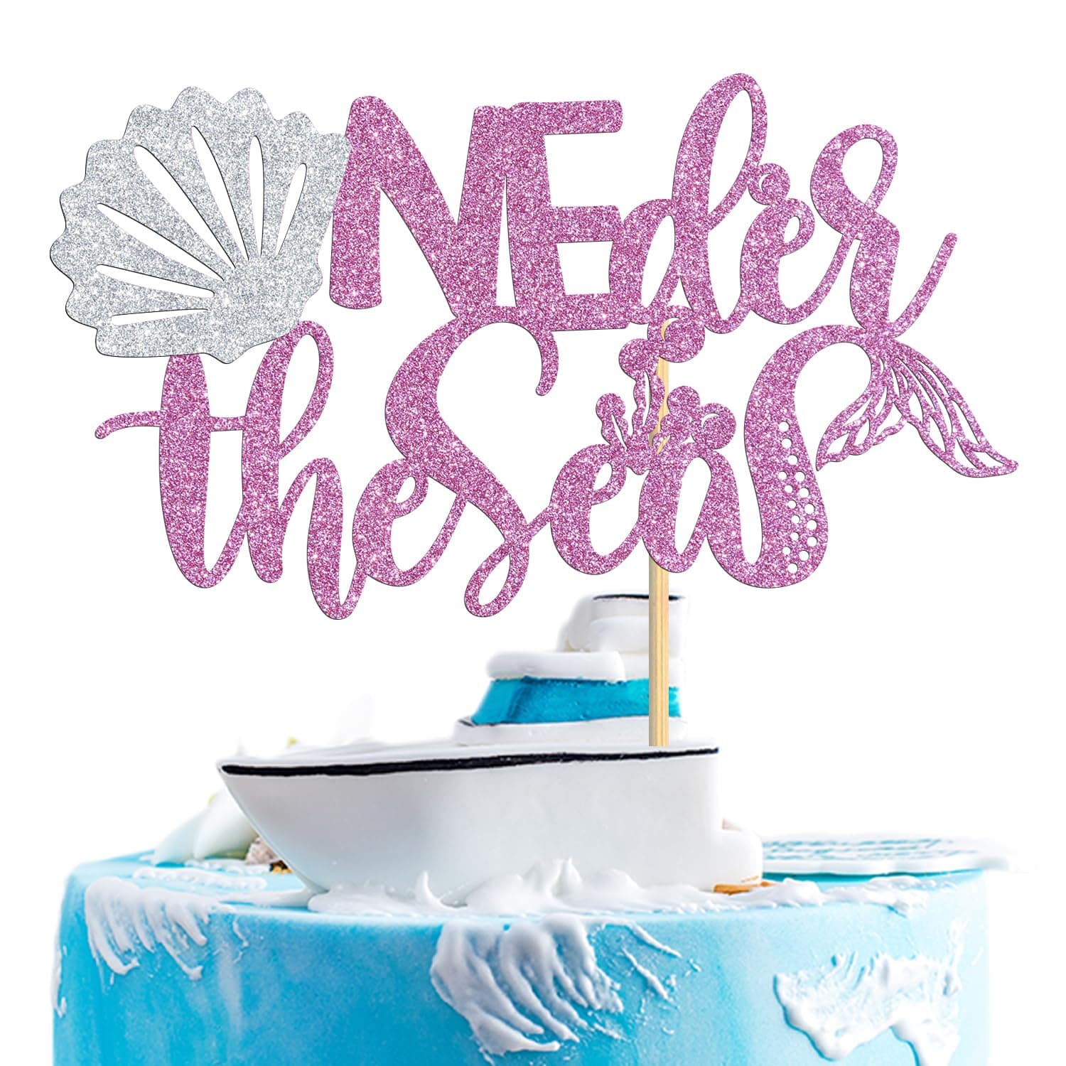 Mermaid Oneder the Sea Cake Topper, Happy 1st Birthday Cake Decorations for Girls,Kid's First Birthday/Baby Shower/Ocean Mermaid Party Supplies, Pink Glitter