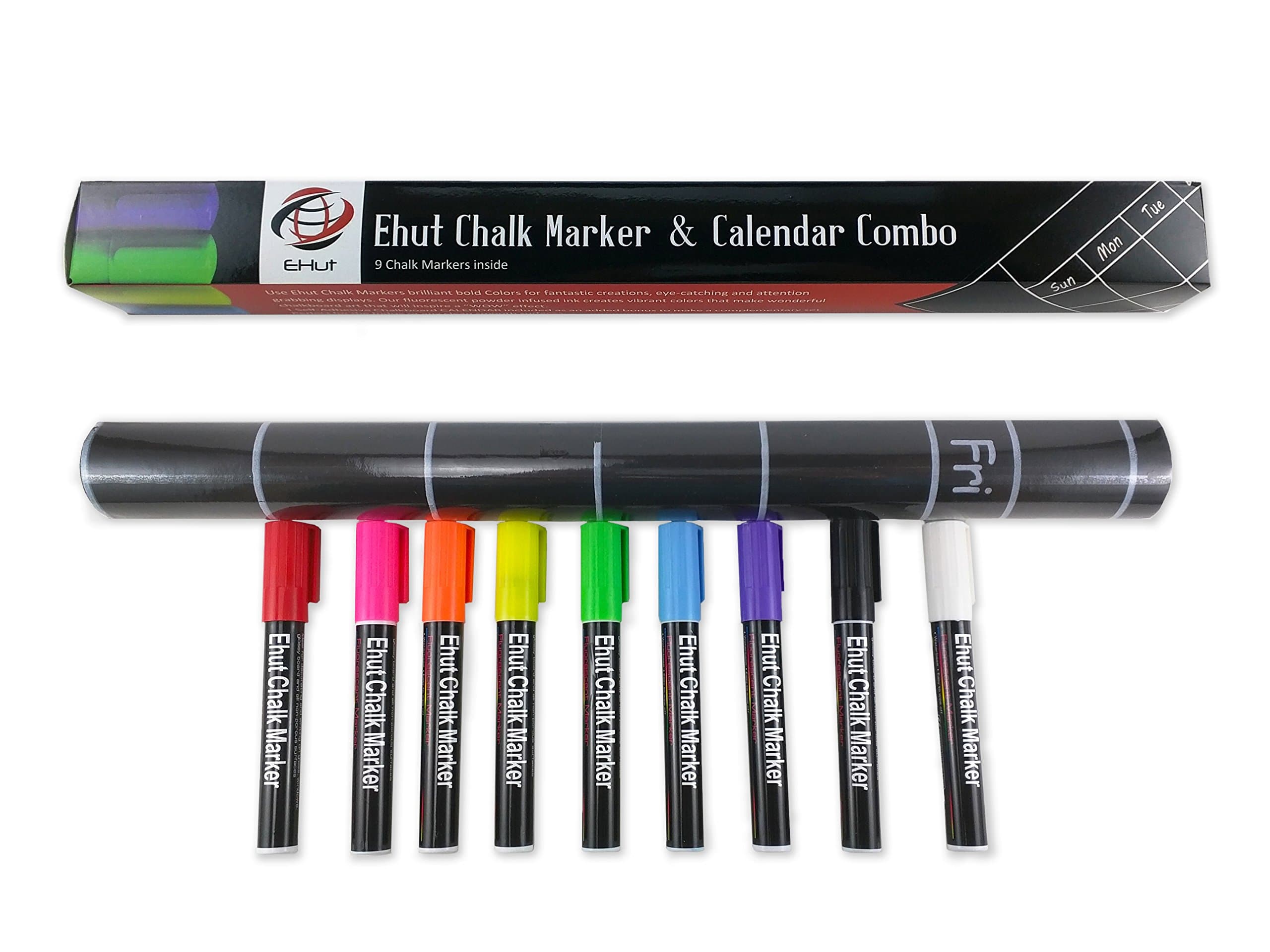Chalkmarker & Chalkboard Calendar Set (9-Pack Liquid Chalk Markers) β Safe, Non-Toxic β Brilliant Colors, 6mm Reversible Tips β Odorless, Erasable Crafts Art Supplies for Kids β Water Based