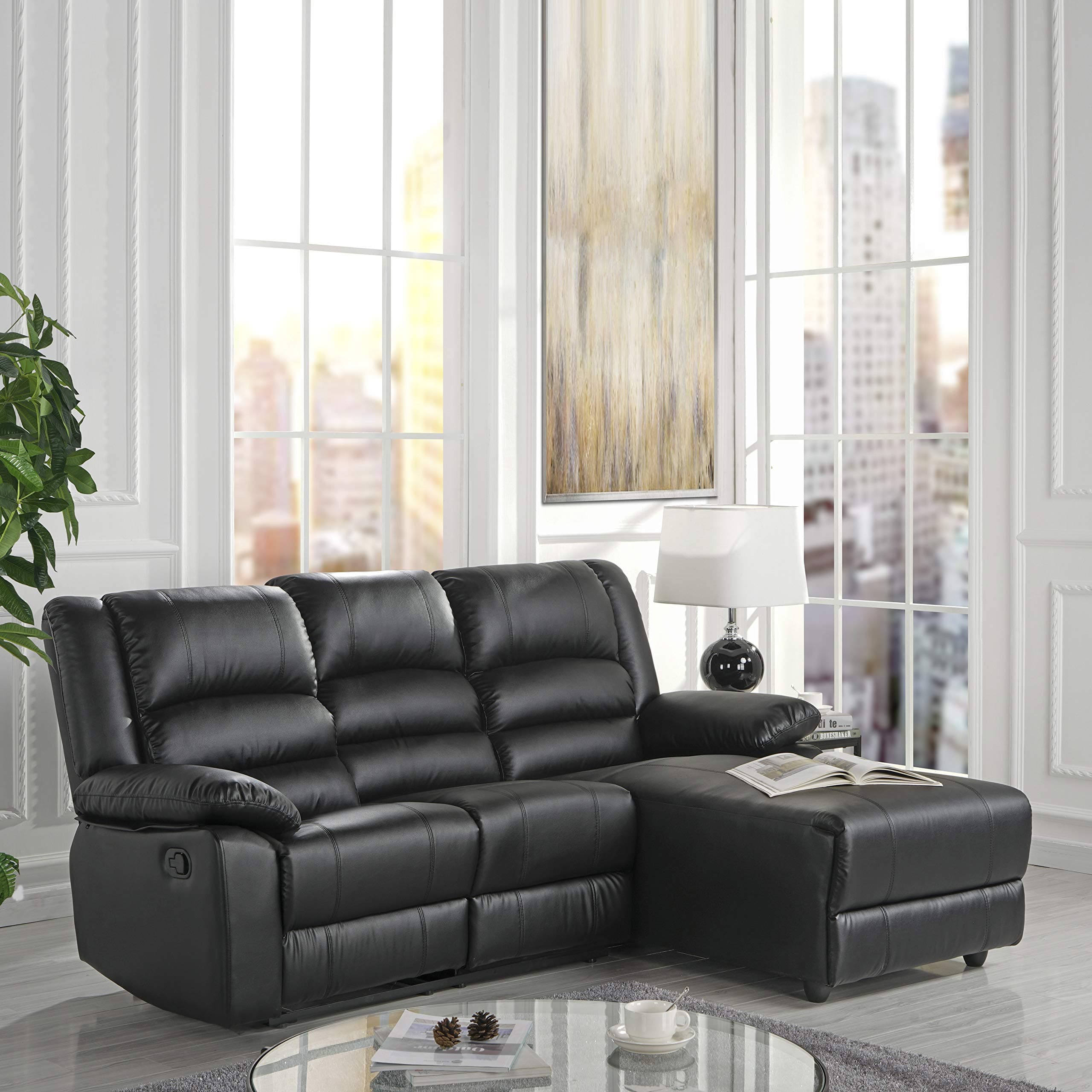Bonded Leather Sectional Sofa with Single Recliner