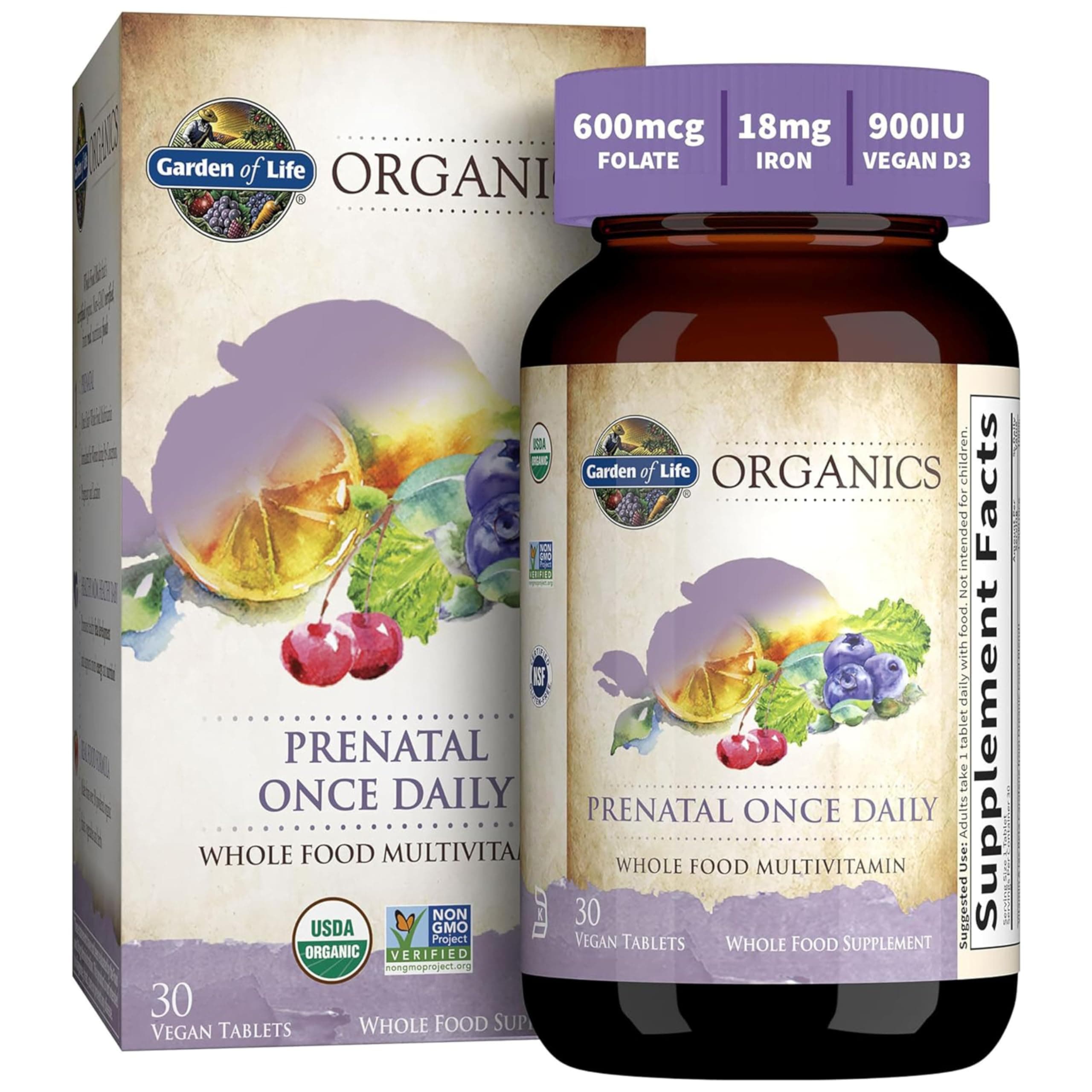 Organics Prenatal Vitamin: Folate for Energy & Healthy Fetal Development, Non-constipating Iron, Vitamin C, B6, B12, D3 – Organic, Non-GMO, Gluten-Free, Vegan, 30 Day Supply