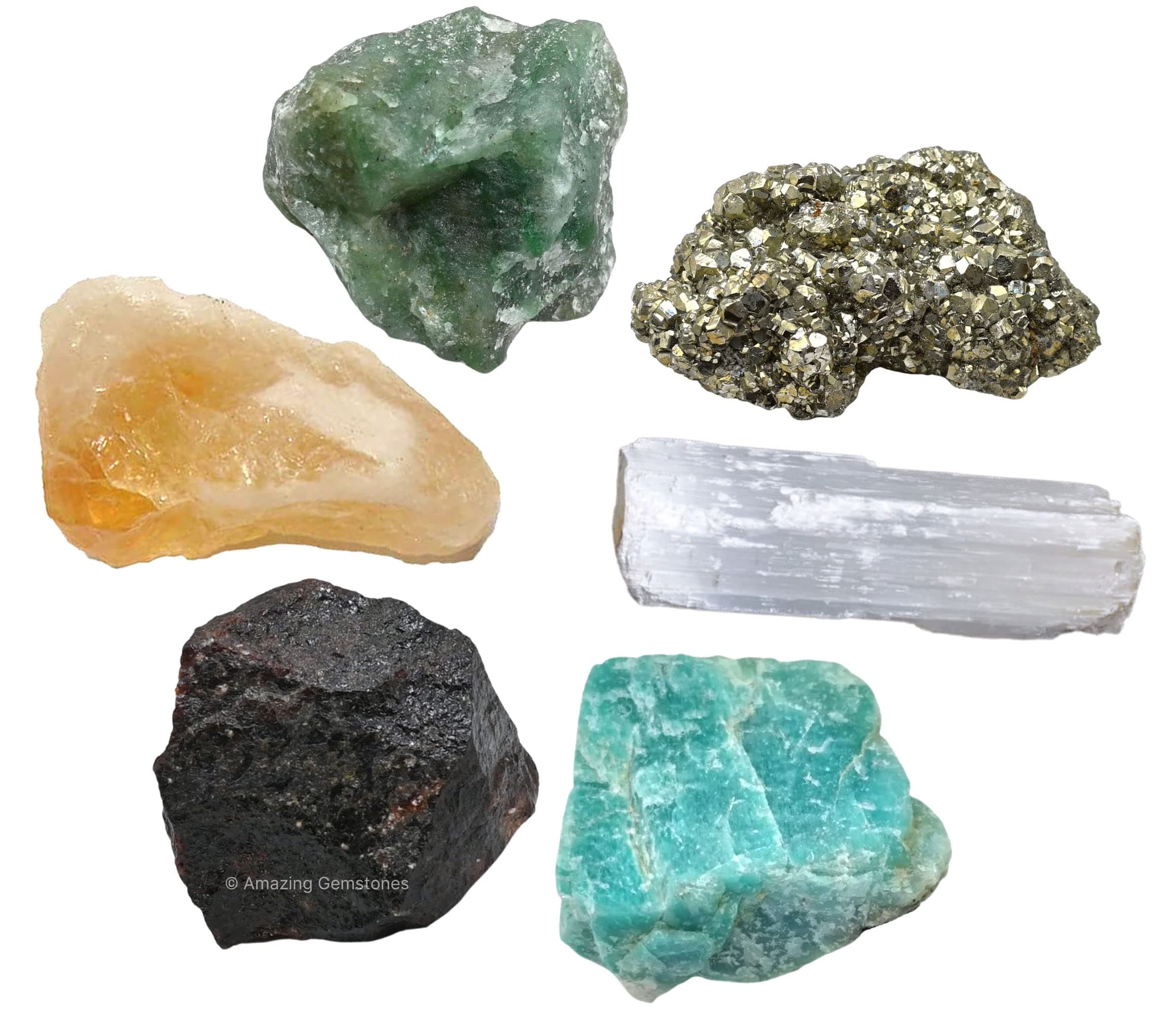 Amazing Gemstone Crystals for Money and Success Manifestation, Set of 6 Citrine, Pyrite, Garnet, Selenite, Green Aventurine and Amazonite Healing Crystals and Stones