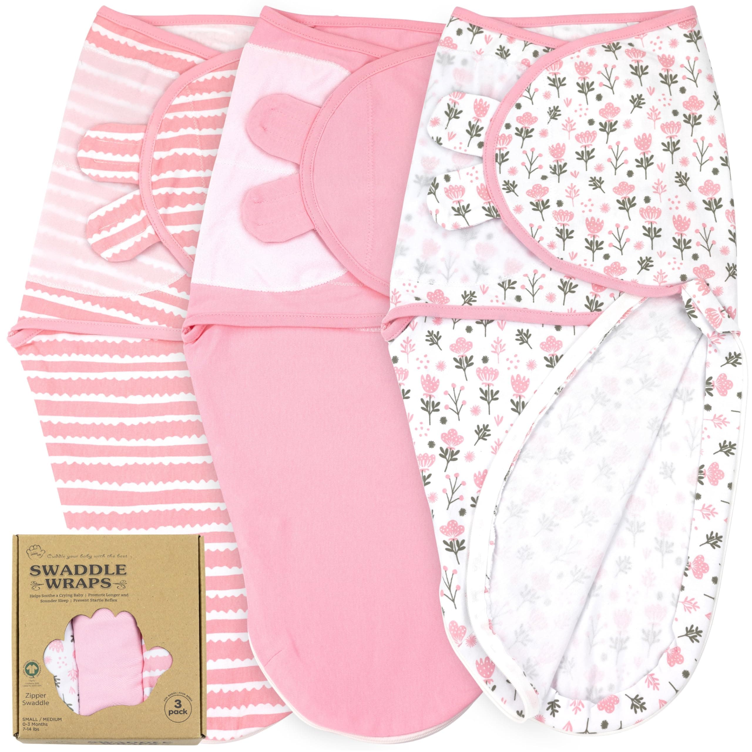 Bublo Baby Organic Swaddles for Newborns – Zipper Swaddles 0-3 Months, 3-Pack – Infant Sleep Sack with Zipper – Adjustable & Breathable Swaddle Blanket Wrap for Newborn Girls, Pink Flowers