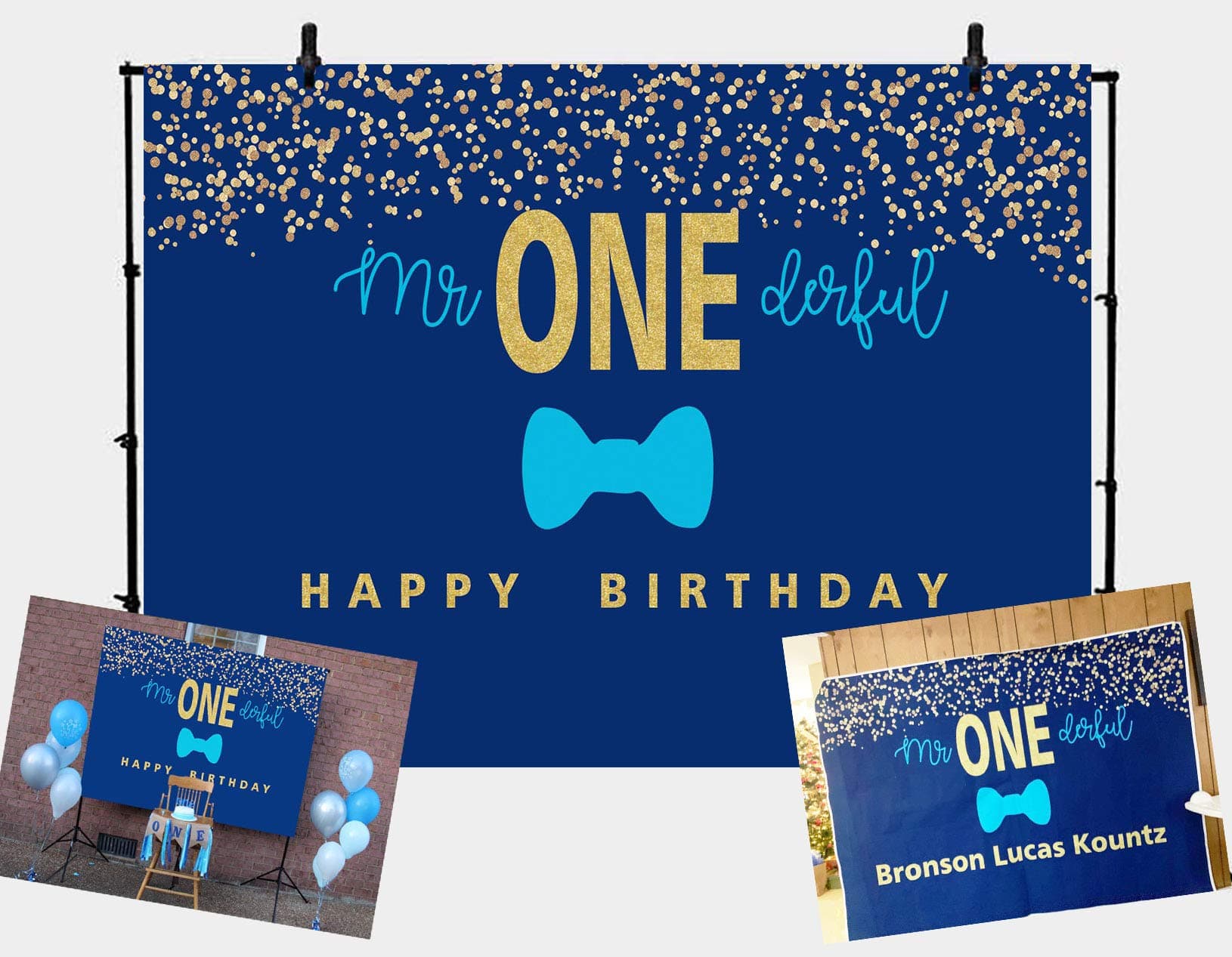 GYA 7x5FT Boys 1st Birthday Mr. Onederful Backdrop Blue Bow Tie Theme Blue and Gold Boy Toddler Little Man First Birthday Photoshoot Banner