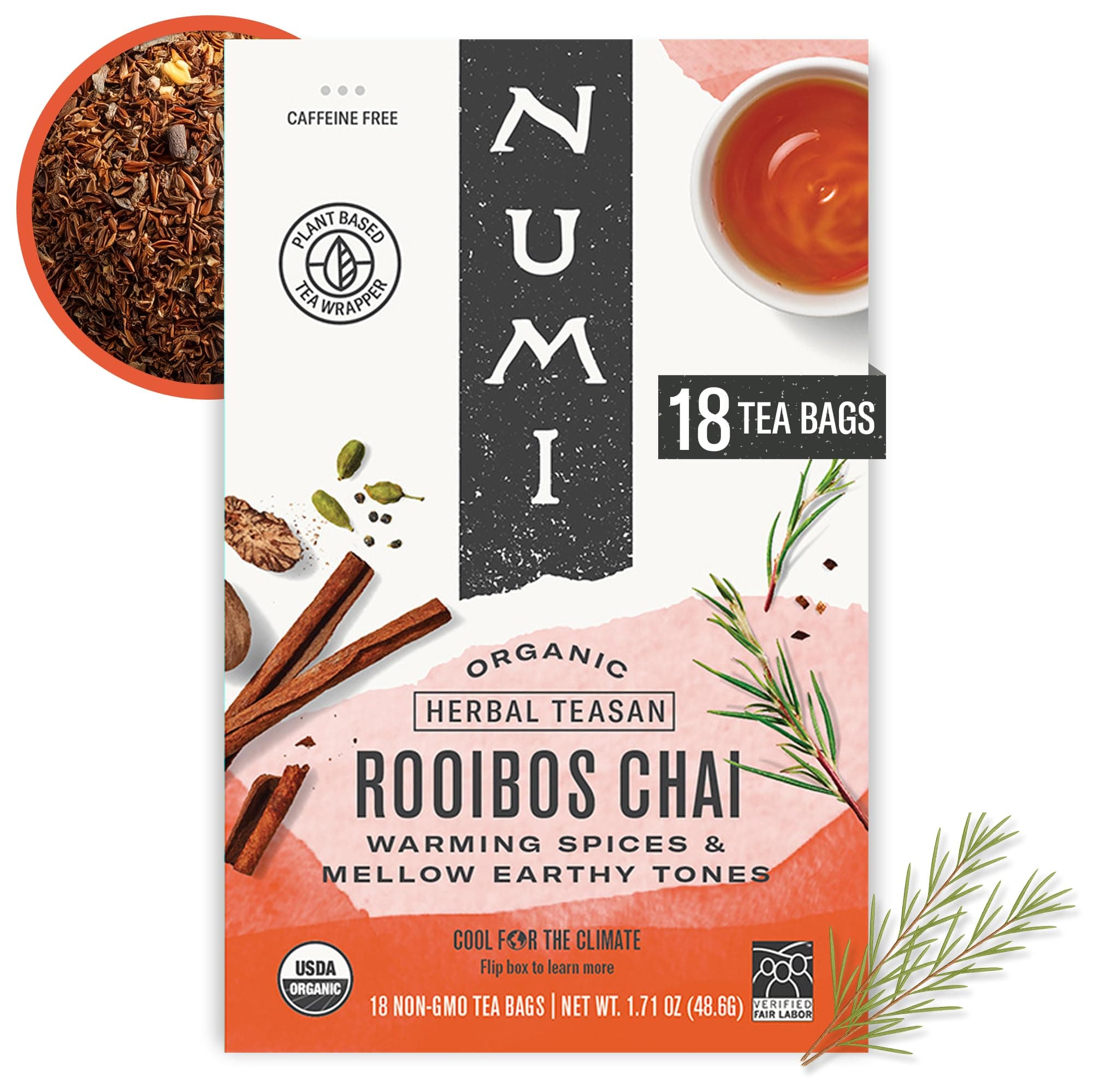 Numi Organic Rooibos Chai Tea, 18 Herbal Bags, Microplastic Free, Rich Flavor with Cinnamon, Allspice & Ginger, Caffeine Free