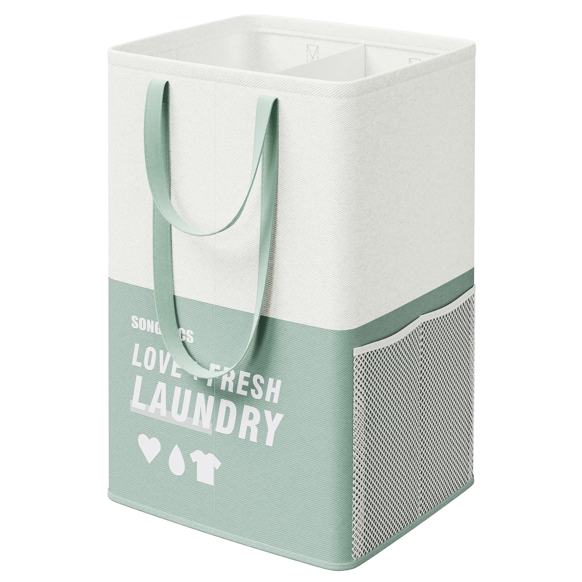 SONGMICS Laundry Basket, Laundry Hamper with 2 Compartments, Collapsible Water-Repellent Clothes Hamper, 23.8 Gallon (90L) Tall Laundry Bag for Bedroom Bathroom, Mint Green ULCB209C11