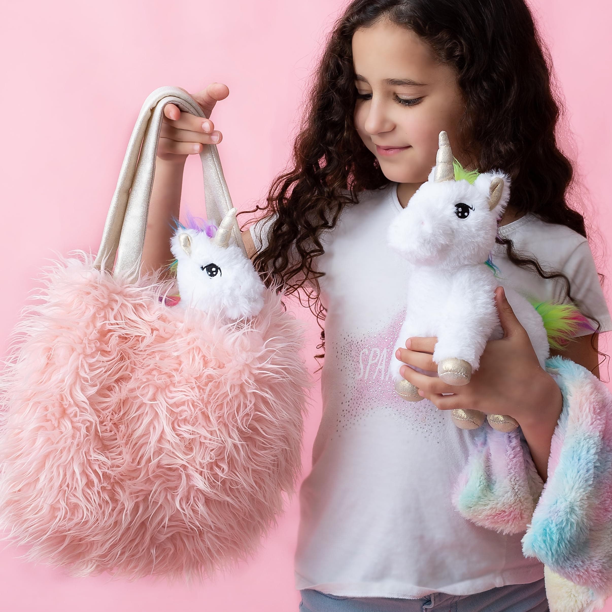 Perfectto Design Unicorn Toy for Girls Age 3, 4, 5. 4 PCS Set - Mommy Baby Stuffed Animal, Bag and a Doll Blanket. Unicorn Gift for 3-6 Year Old Girl Birthday or Christmas. (White Rainbow)