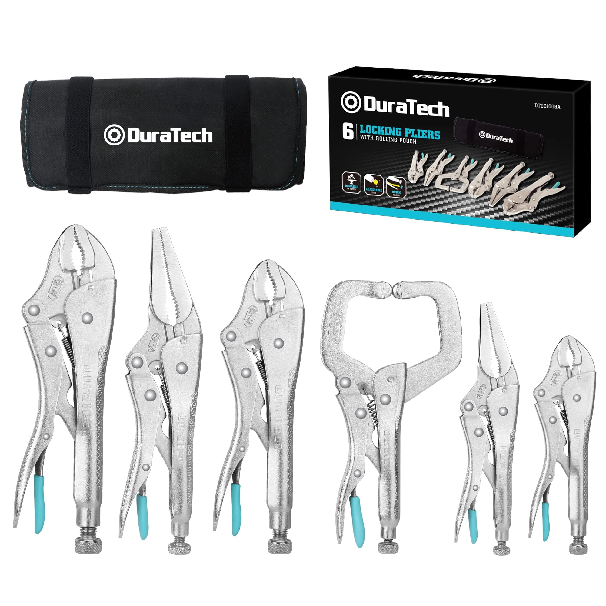 DURATECH 6-Piece Locking Pliers Set, CR-V Steel Vice Grip Pliers, Long Nose, Curved Jaw & C-Clamp, Fast Release, 5" 6" 7" 10" 6-1/2" 9-1/2", with Oxford Roll-Up Pouch