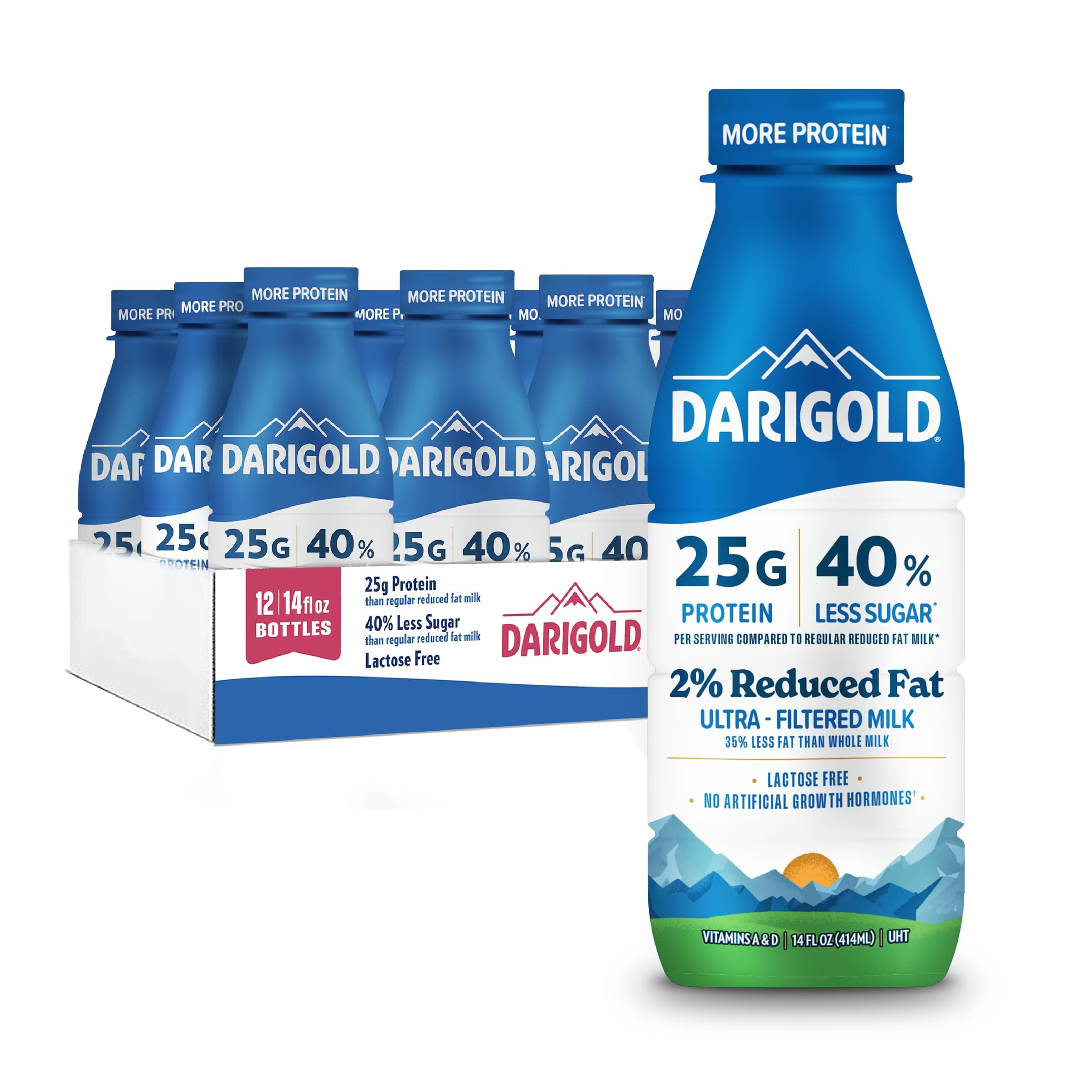 Darigold FIT High Protein Milk 2 Percent - Ultra-Filtered, Low Fat, Lactose Free - 25g Protein, 40% Less Sugar - 14oz Bottles, 12 Pack (White Milk)
