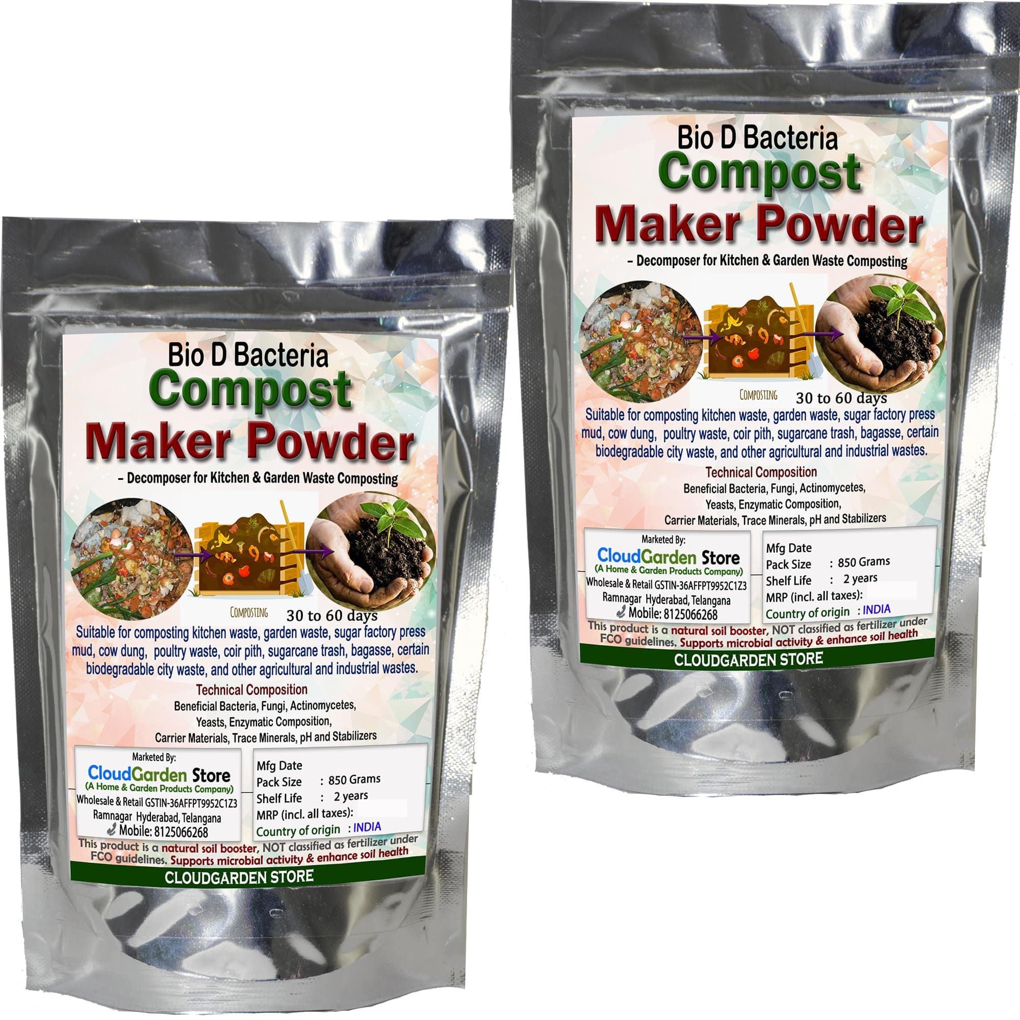CloudGarden Bio-D Compost Maker Powder 1.7 Kg (850gx2) Natural Culture Mix for Fast Home Composting of Kitchen Waste Garden Waste Cow Dung and Farm Residue Enhances Decomposition Naturally