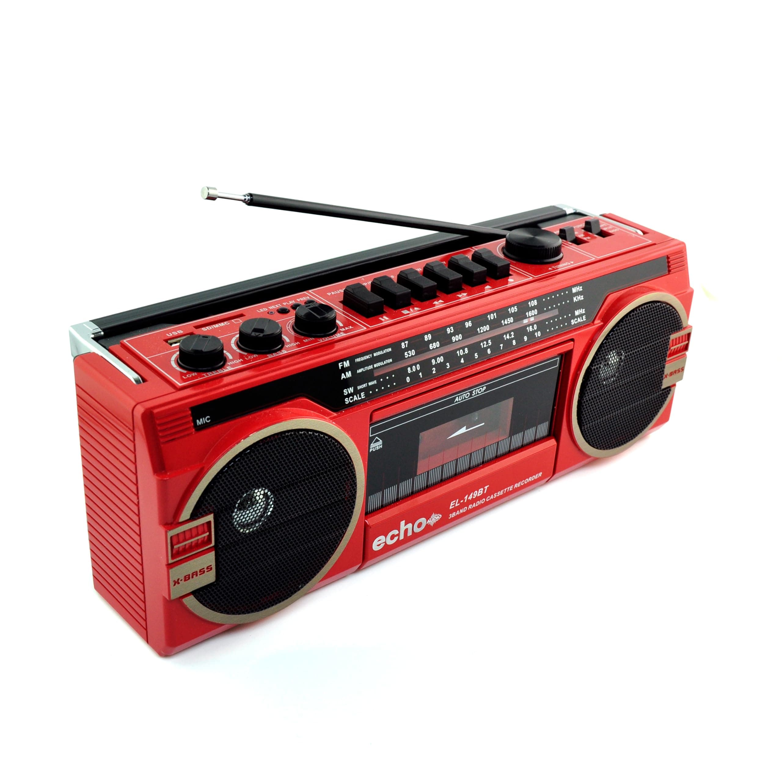 Retro Blast Bluetooth Boombox, Portable Cassette/Tape Player, AM/FM/SW 3 Band Radio, Two 8 W X-Bass Speakers, Voice Recorder, Headphone Jack, Supports USB and SD Cards (Red)