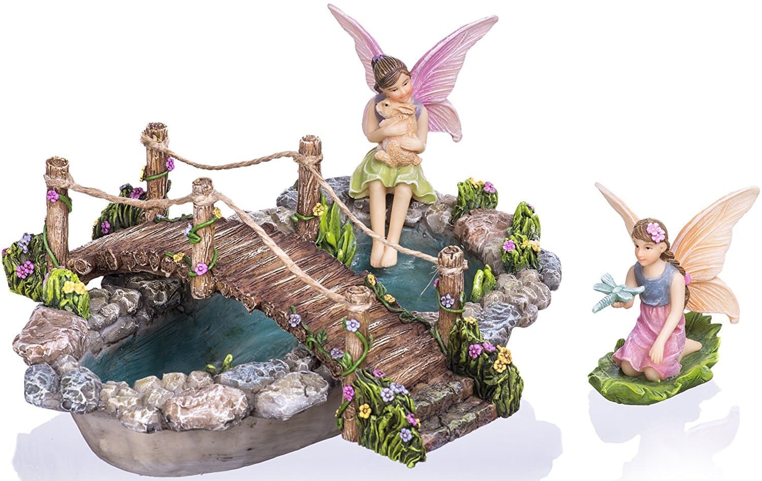 Joykick Fairy Garden Fish Pond Kit - Miniature Hand Painted Figurine Statues with Accessories - Set of 4pcs for Your House or Lawn Decor