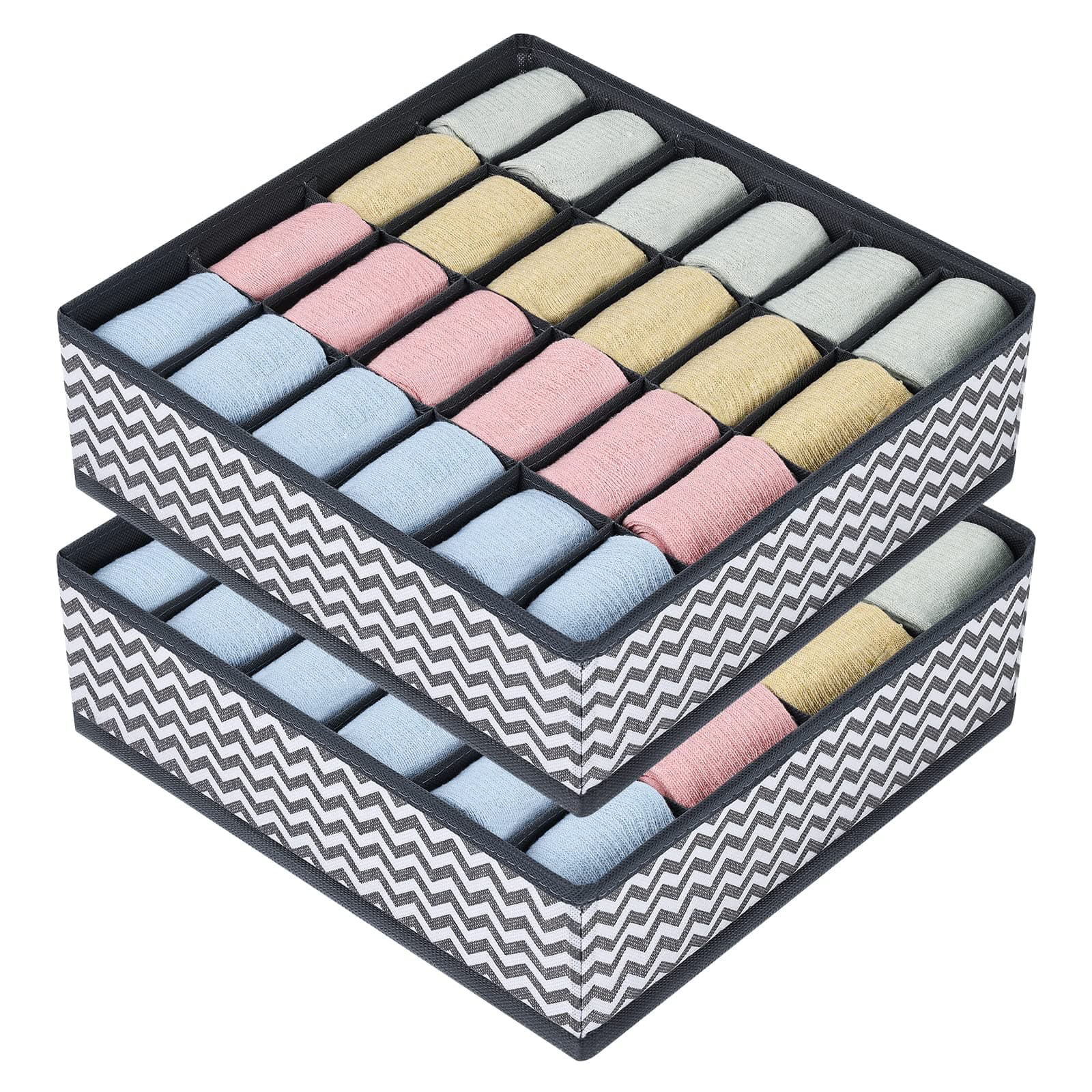 Joyoldelf Pack of 2 Collapsible Non-Woven Sock Organisers for Storing Socks, Scarves, Bra, 24 Compartments (Wave)