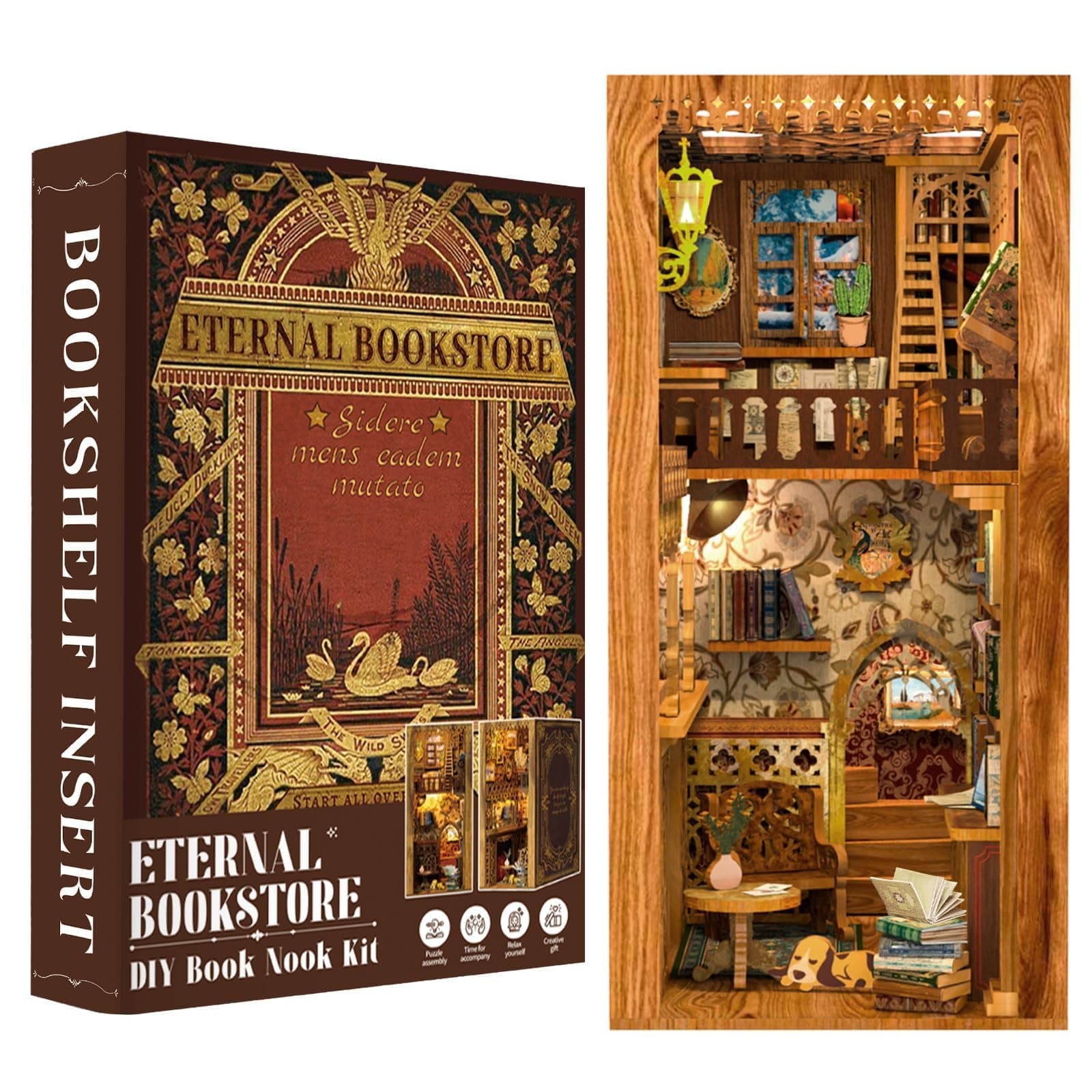 Fsolis Book Nook Kit DIY Miniature House Kit, 3D Wooden Puzzles for Adults, 172 Pieces, Booknook Craft Diorama Bookshelf Insert and Bookends, Gifts for Women Book Lovers(Eternal Bookstore)