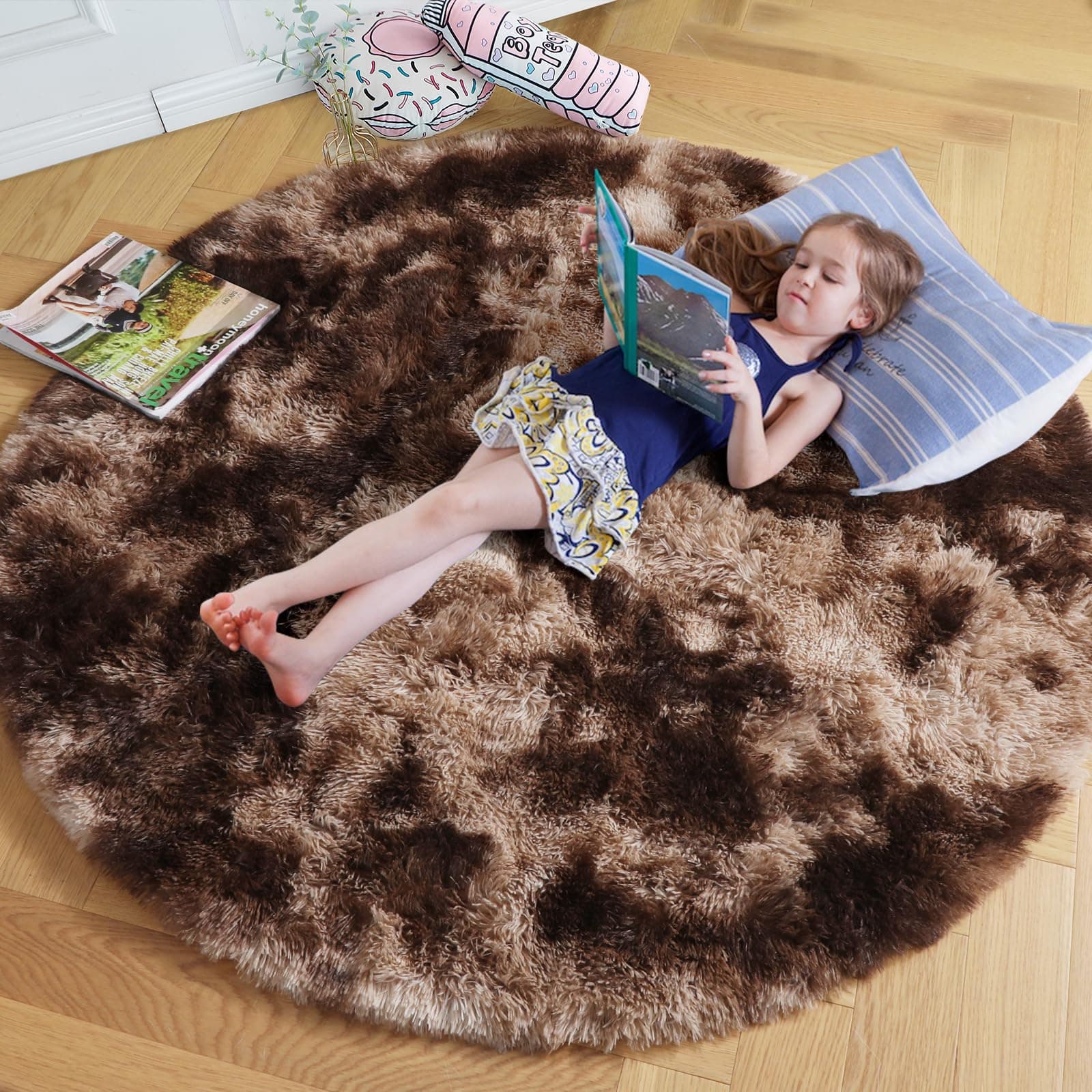 Amdrebio Tie-Dyed Brown Round Circle Rugs 5Ft for Bedroom, Fluffy Shag Plush Area Rugs for Kids Room, Living Room Decor Aesthetic, Fuzzy Fur Throw Floor Carpet for Playroom Preppy Dorm Baby Nursery