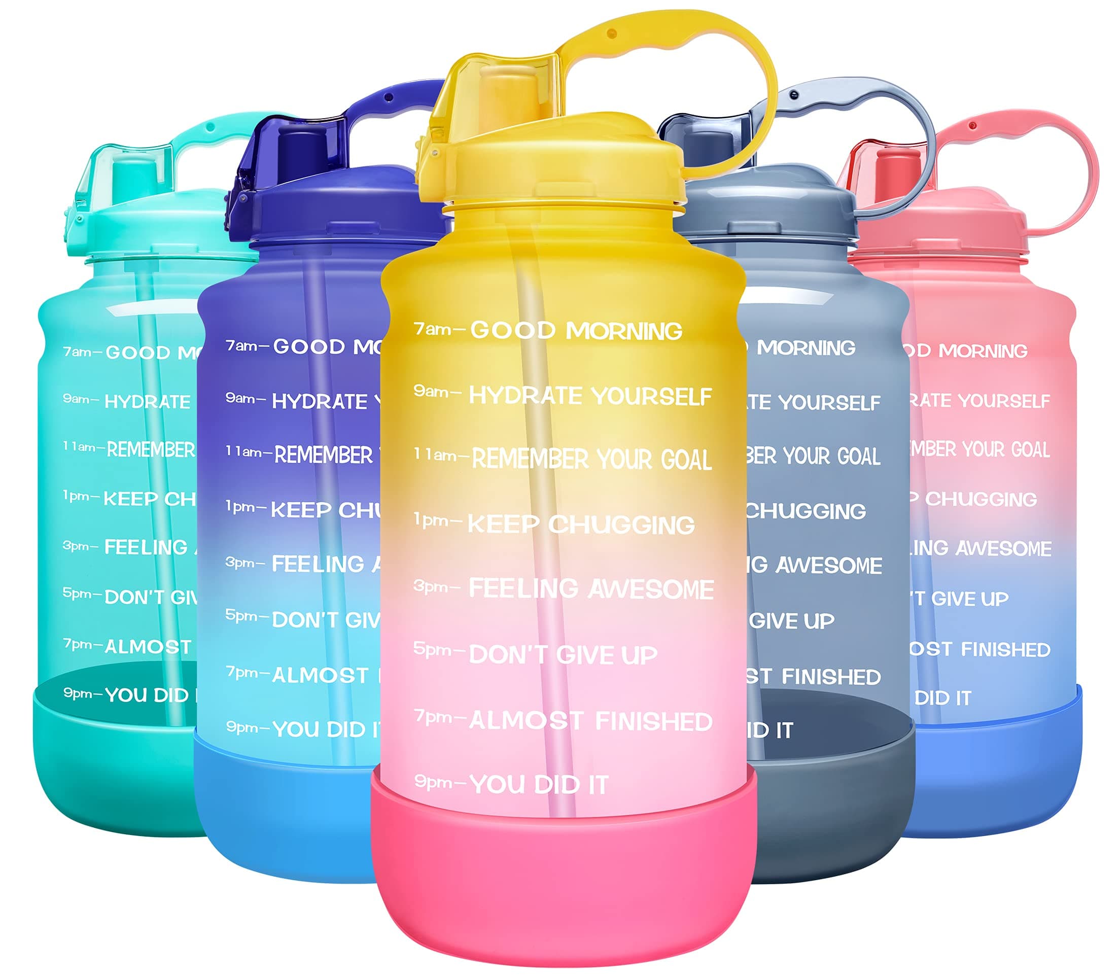 Elvira Large 1 Gallon/128 oz Motivational Time Marker Water Bottle with Straw & Protective Silicone Boot, BPA Free Anti-slip Leakproof for Fitness, Gym and Outdoor Sports-Pink/Yellow Gradient