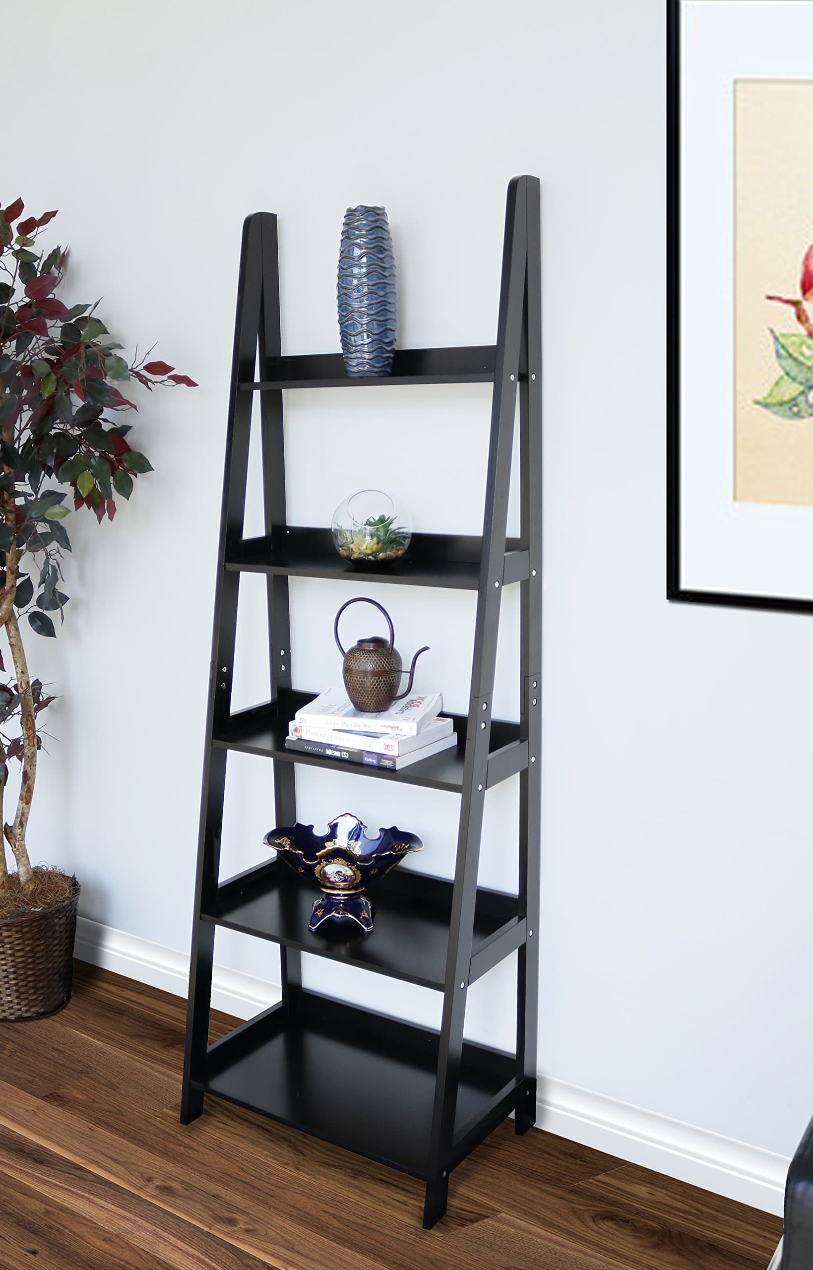 Geneva 5 tier ladder leaning bookcase, multifunctional wood storage display wall shelve, black